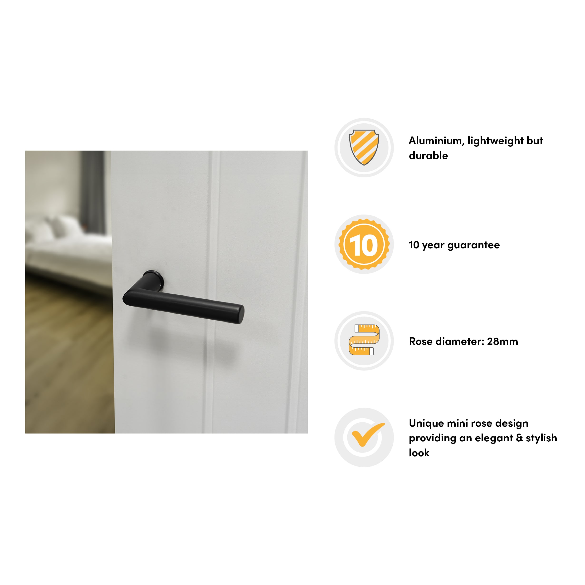 Matt Black Door Handles on Round Mini Rose - Amsterdam Range - view 2