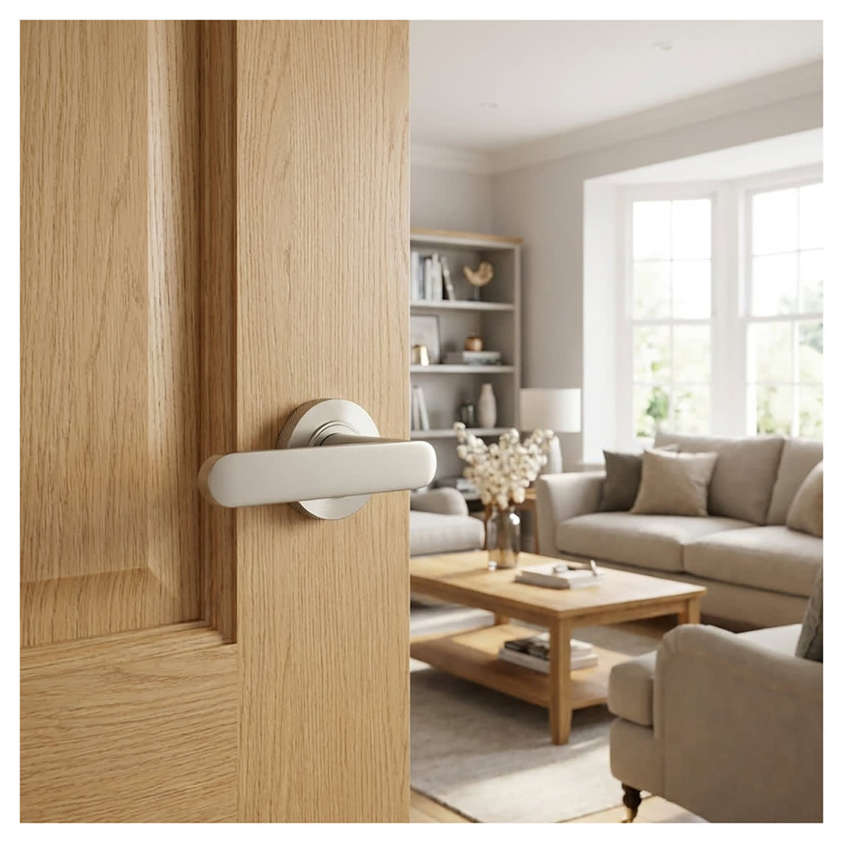 Satin Nickel Fire Rated Door Handles on Round Knurled Rose - Kensington Range - view 2