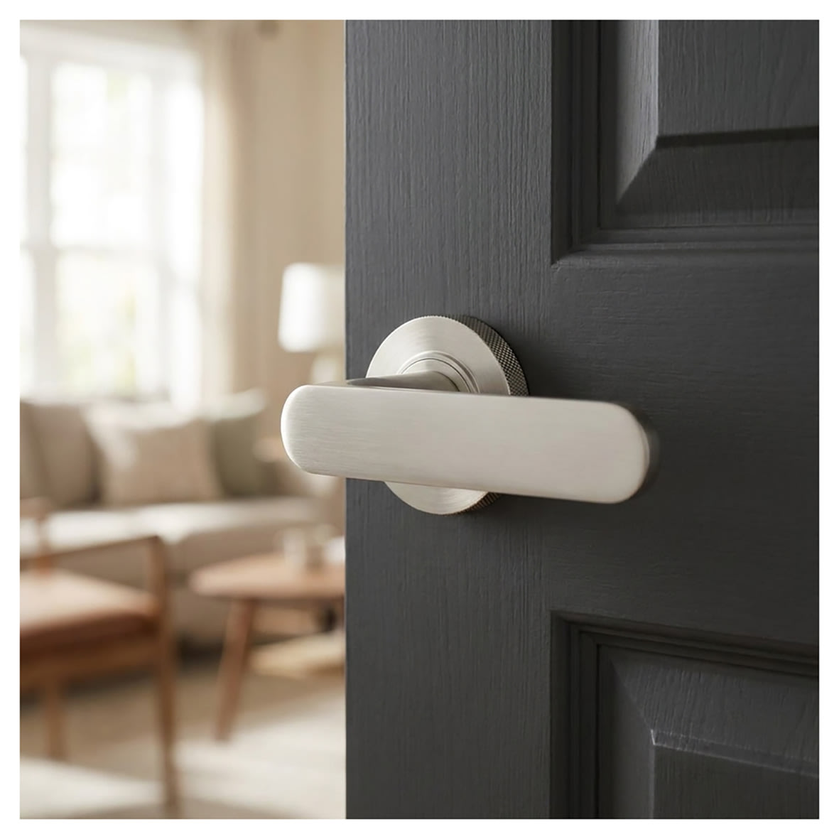 Satin Nickel Fire Rated Door Handles on Round Knurled Rose - Kensington Range - view 3