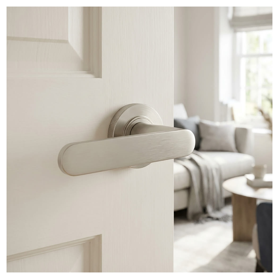 Satin Nickel Fire Rated Door Handles on Round Knurled Rose - Kensington Range - view 4