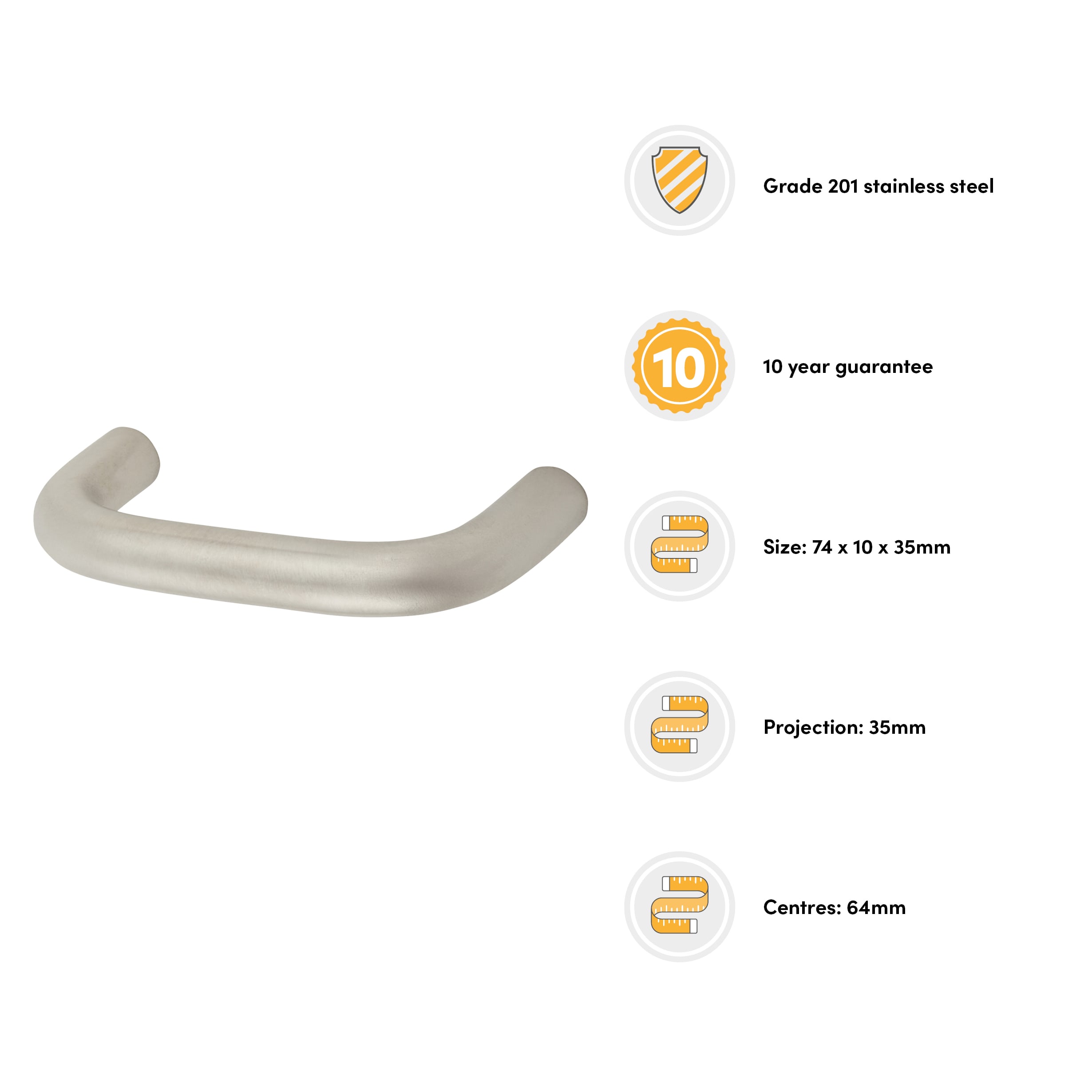 10mm D-Bar Cabinet Pull Handle - 64mm Centres - Satin Stainless Steel - view 3