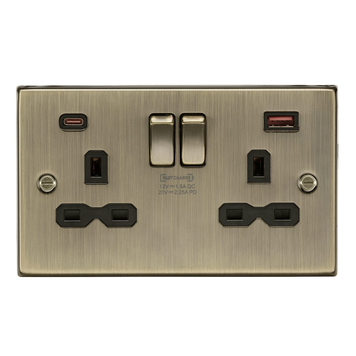 13A 2 Gang Type A/QC18W Type C/PD45W USB Socket with 2 x USB - Antique Brass/Black - view 2