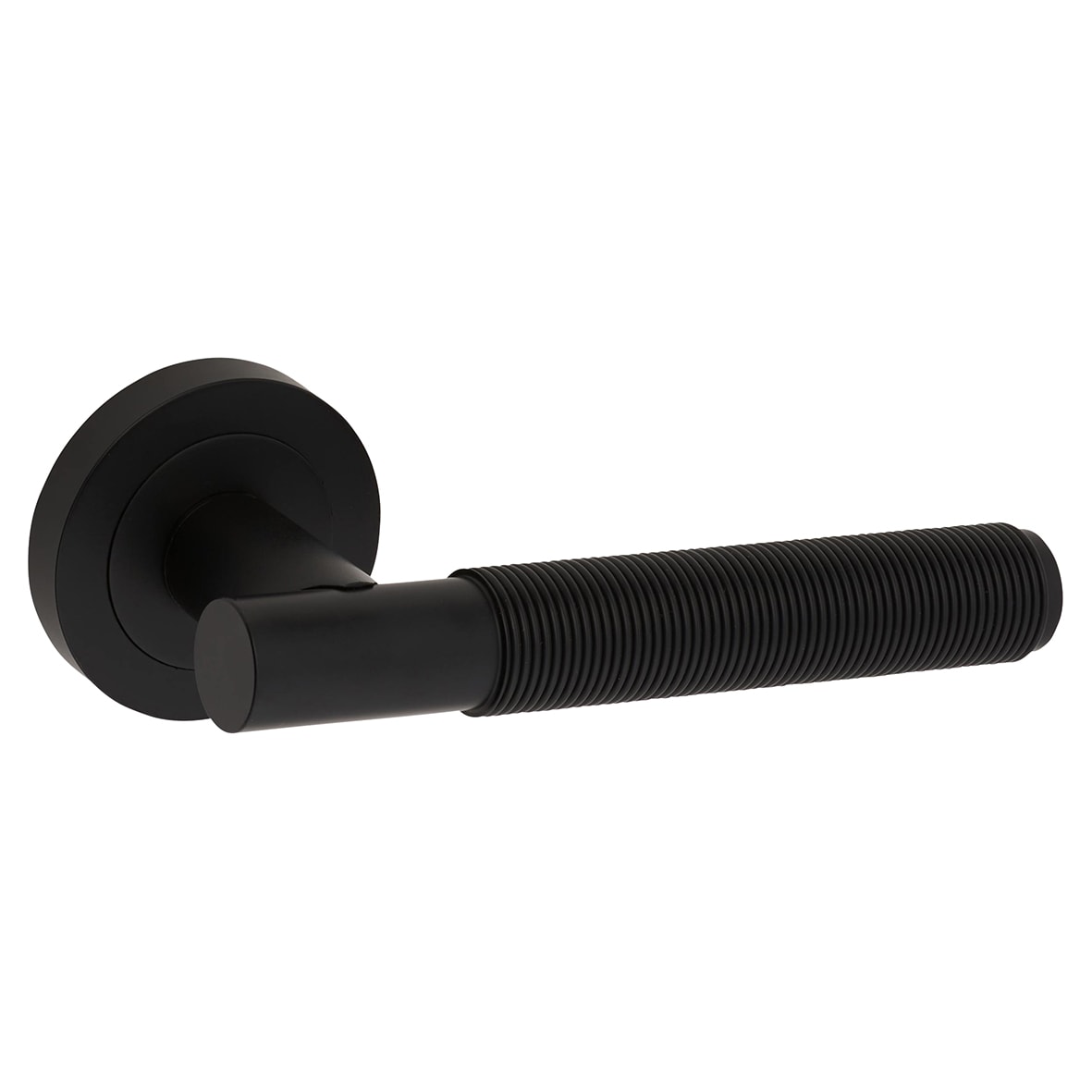 Matt Black Reeded Door Handles on Round Rose - Lily Range - view 2