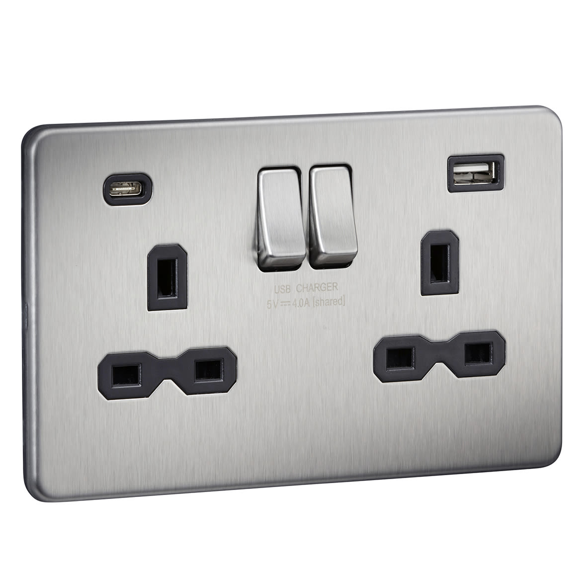 13A 2 Gang Screwless Type A/C USB Socket with 2 x USB - 4A - Brushed Chrome/Black - view 2