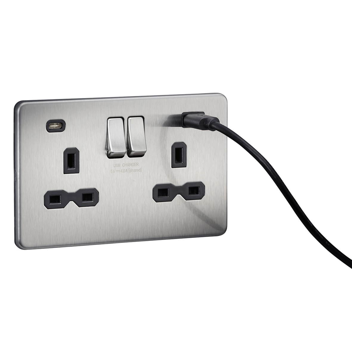 13A 2 Gang Screwless Type A/C USB Socket with 2 x USB - 4A - Brushed Chrome/Black - view 3