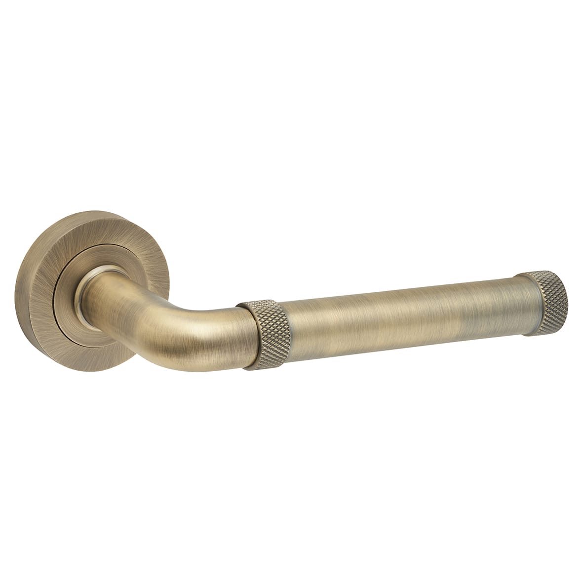 Antique Brass Fire Rated Knurled Door Handles on Round Rose - Midtown Range - view 2