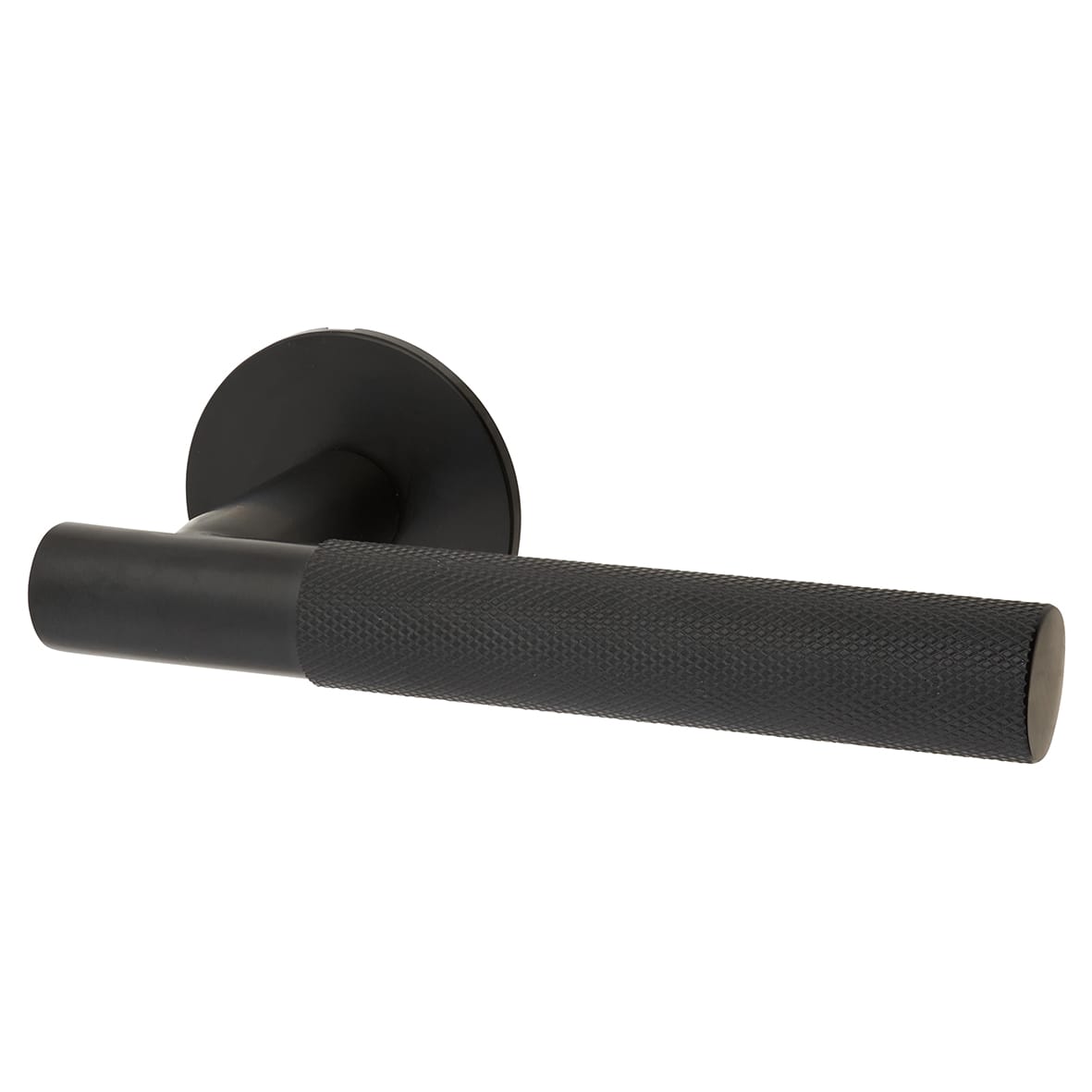 Matt Black Knurled Door Handles on Round Slim Rose - Schema Teckna Range - view 2