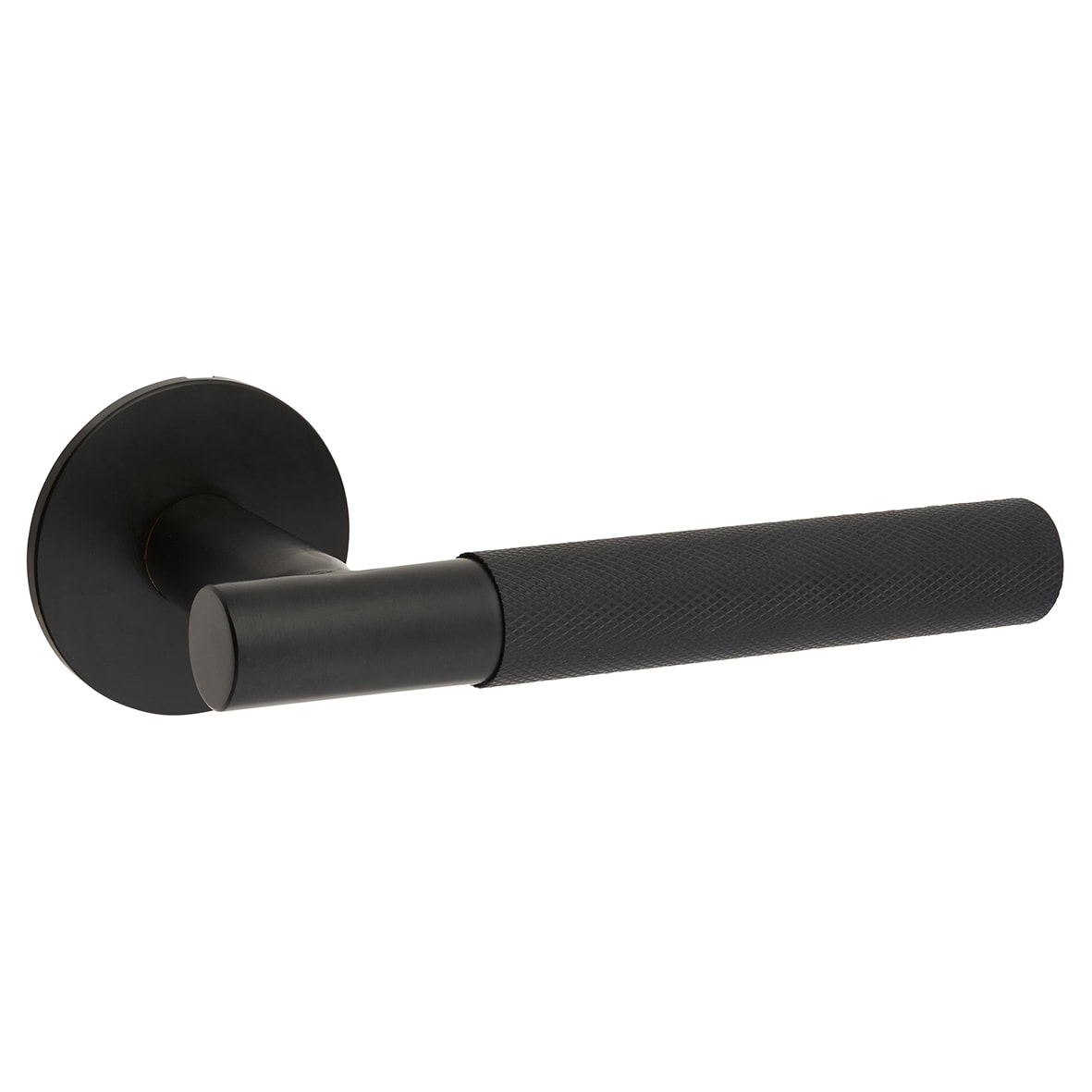Matt Black Knurled Door Handles on Round Slim Rose - Schema Teckna Range - view 3
