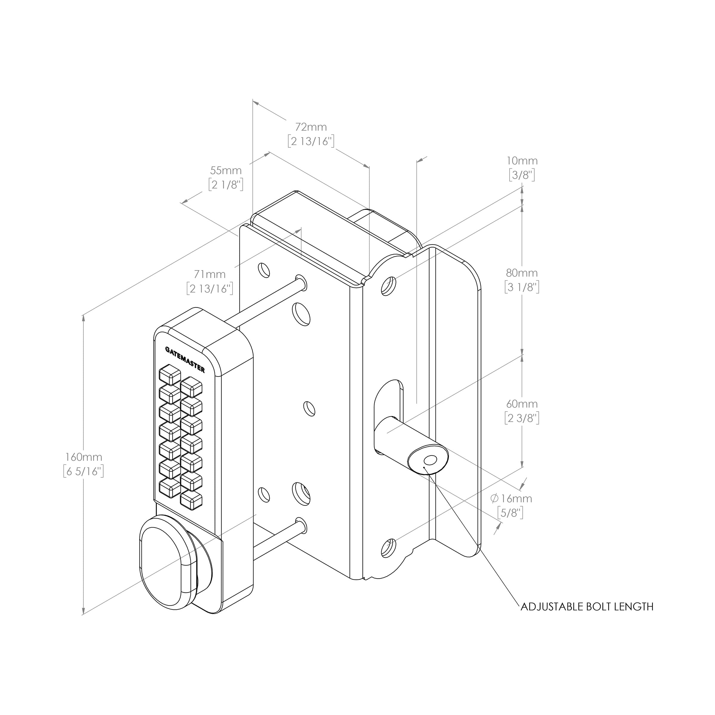 Surface Fixed Marine Grade One Side Push Button Gate Code Lock - Holdback - Reversible - Black - view 3