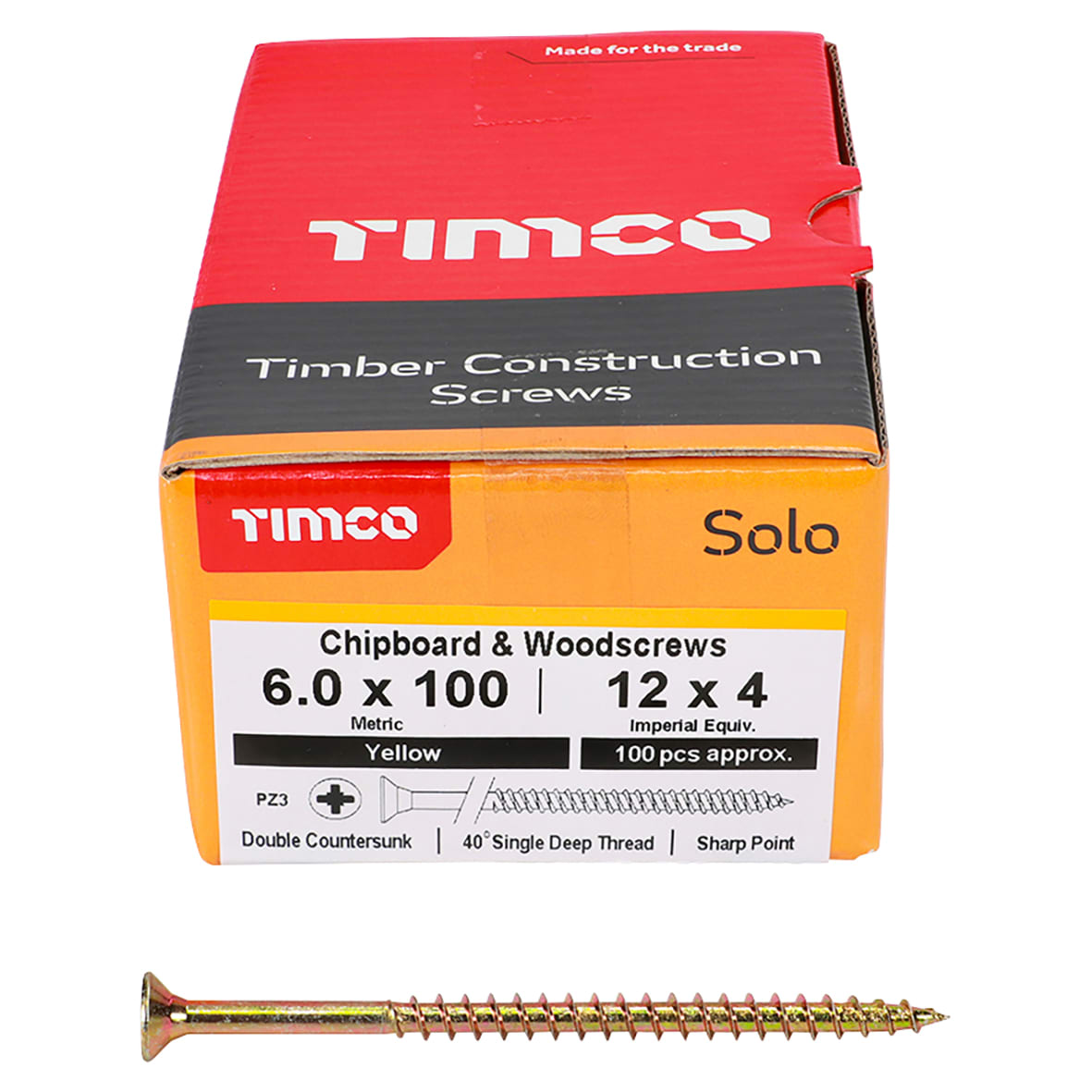 Solo Chippy Pozi Countersunk Wood Screws - 6.0 x 100mm - Yellow Zinc - Pack of 100 - view 2