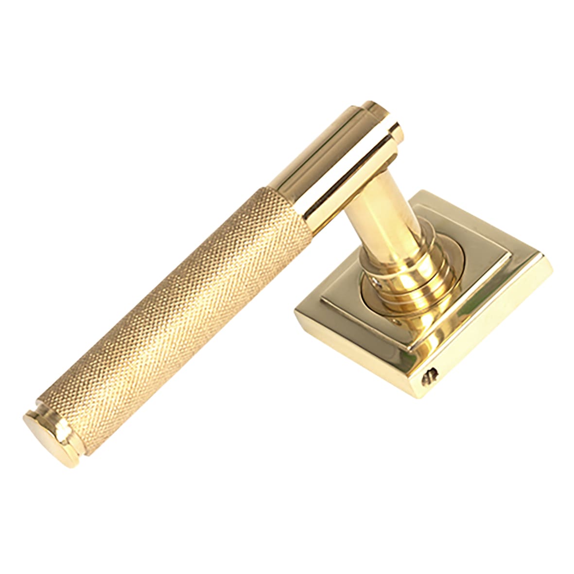 Polished Brass Knurled Door Handles on Square Rose - Brompton Range - view 2