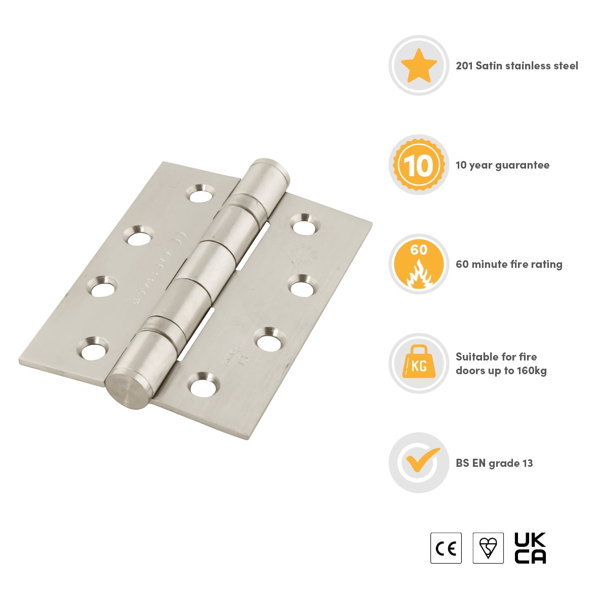 Twin Ball Bearing Grade 13 Butt Fire Door Hinge - 100 x 75 x 3mm - 201 Sat Stainless - Pair - view 3