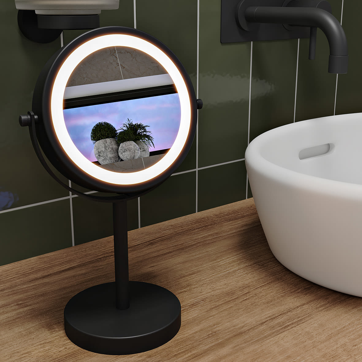 Freestanding LED 3x Magnifying Bathroom Mirror - 295 x 185 x 120mm - Matt Black - view 2