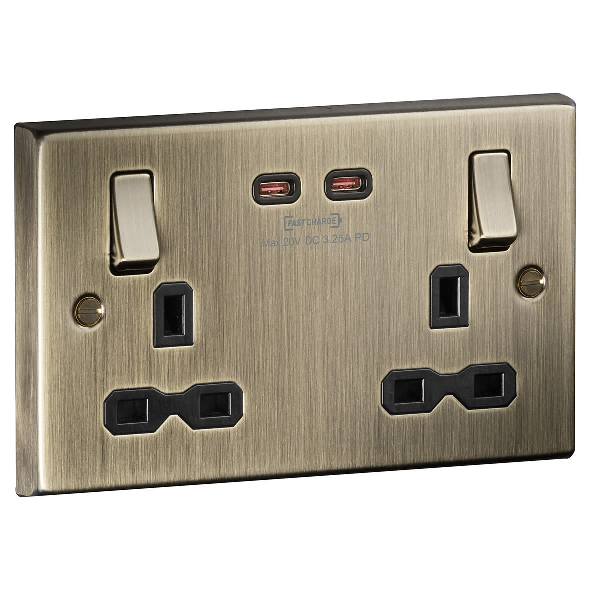 13A 2 Gang Square Edge Type C 65W Fastcharge USB Socket with 2 x USB - Antique Brass - view 2