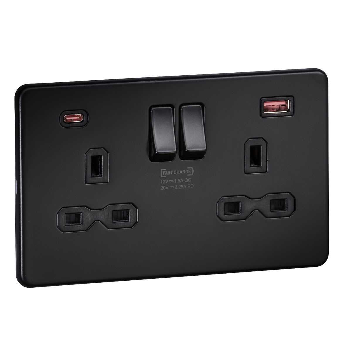 13A 2 Gang Type A/QC18W Type C/PD45W USB Socket with 2 x USB - Matt Black/Black - view 3
