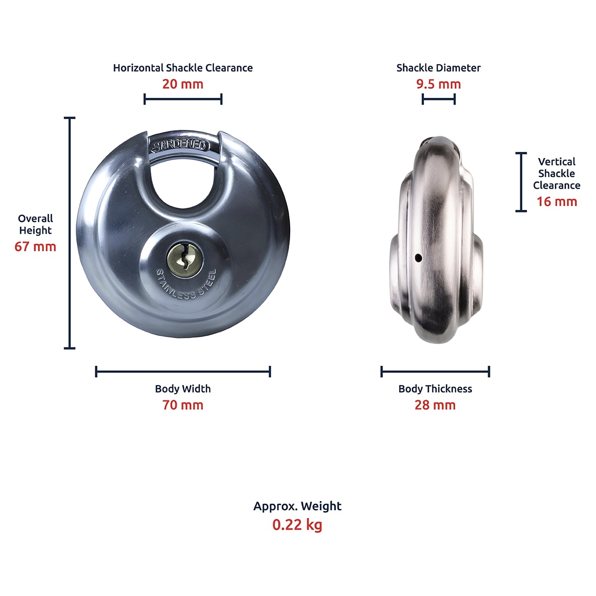 Watchman by Squire Disc Padlock - 70mm Body - 16 x 22mm Shackle - Keyed Alike Key 1 - Stainless Steel - view 4