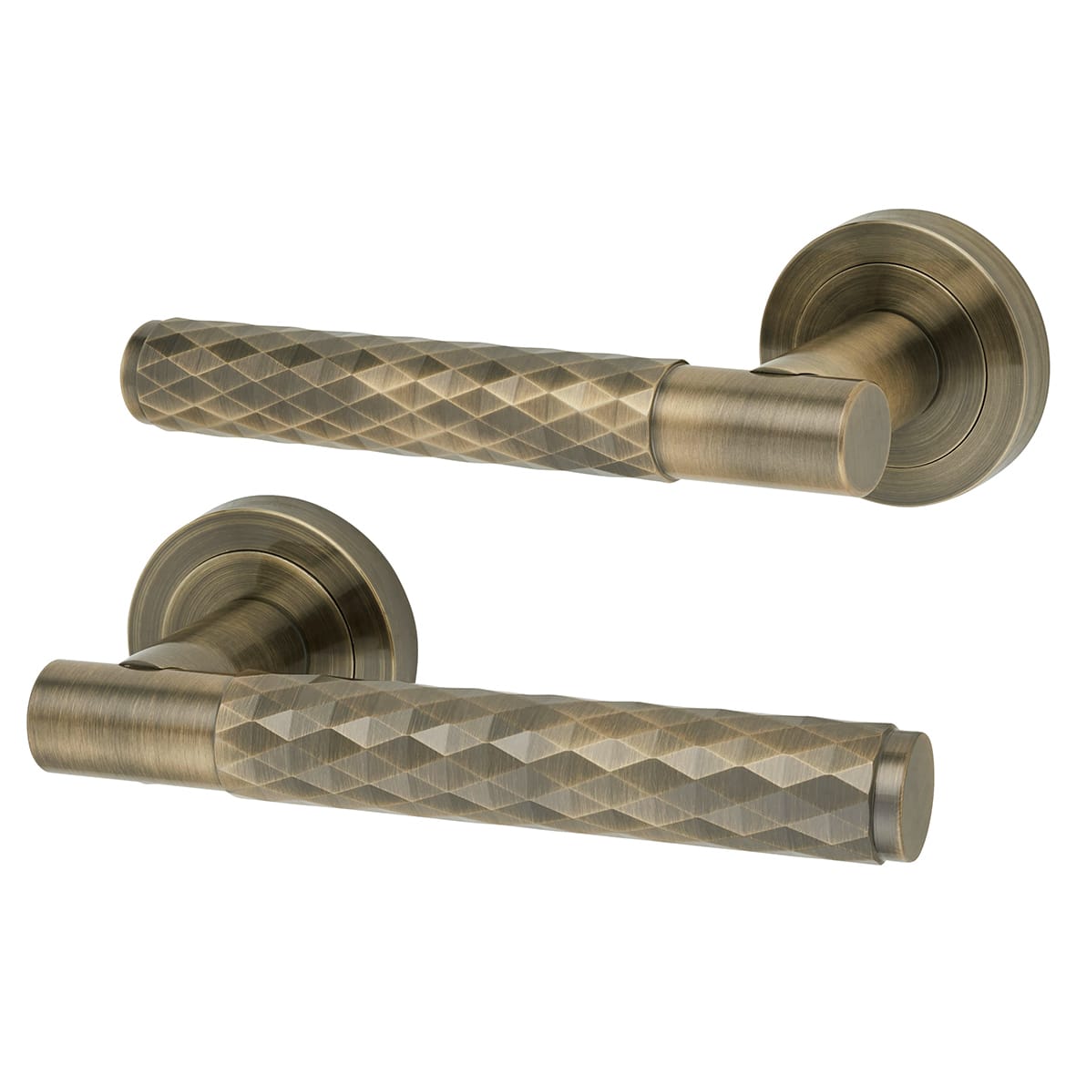 Antique Brass Diamond Latch Door Handles on Rose Pack - Luna Range - view 2