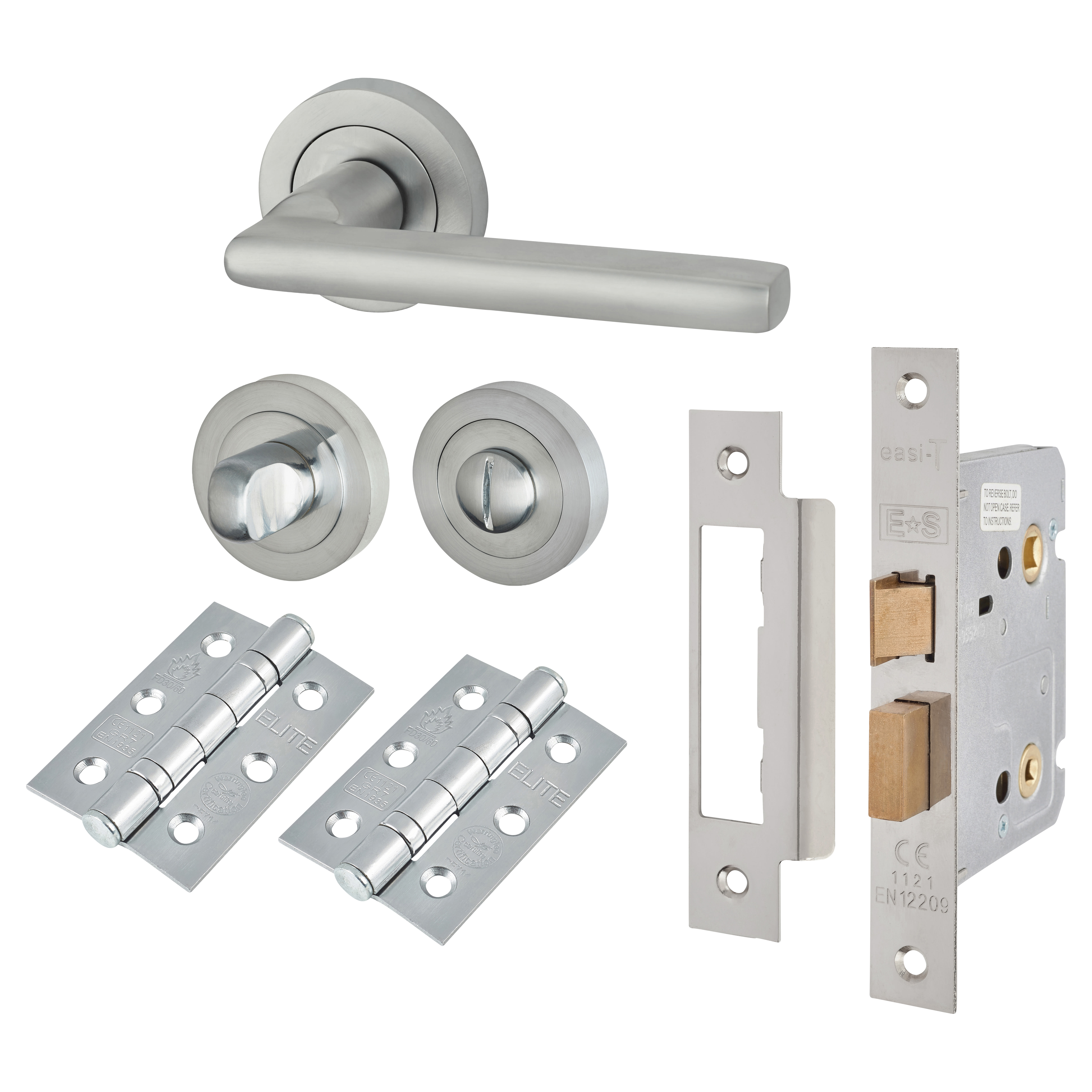 Satin Chrome Bathroom Lock Door Handles on Rose Pack - Sophia Range - view 2