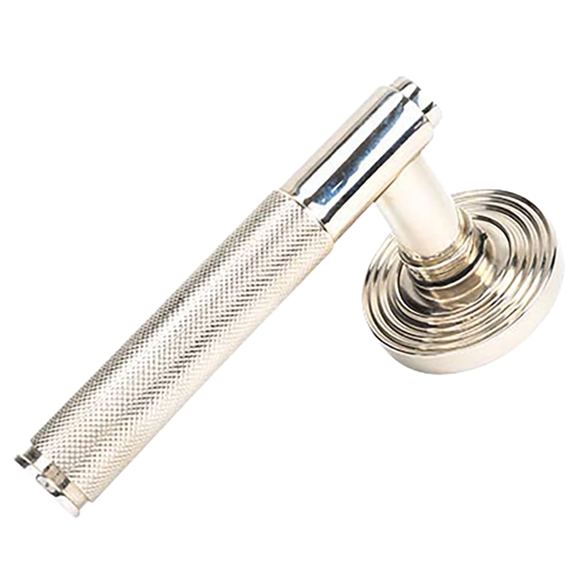 Polished Nickel Knurled Door Handles on Round Beehive Rose - Brompton Range - view 2