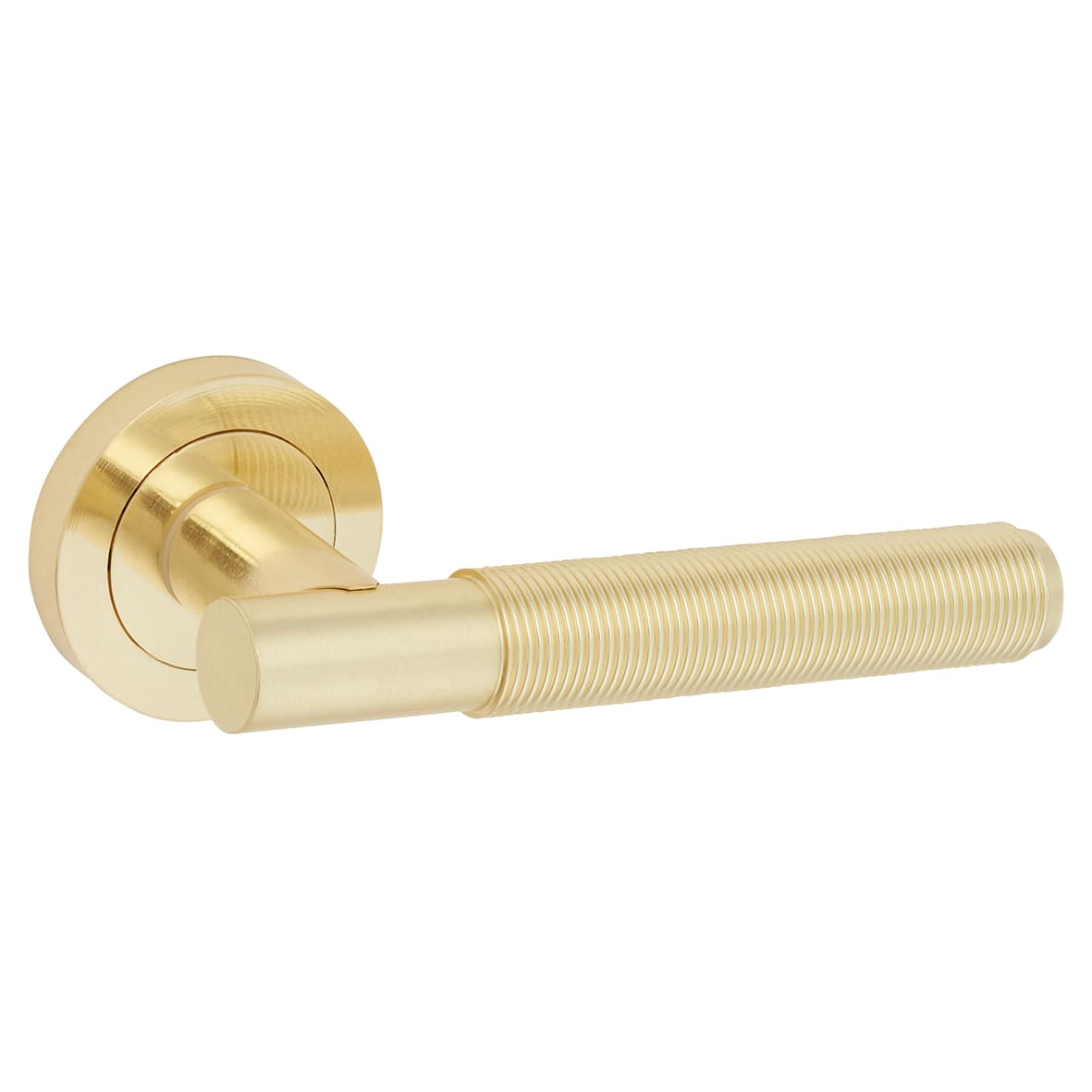 Satin Brass Reeded Door Handles on Round Rose - Lily Range - view 2
