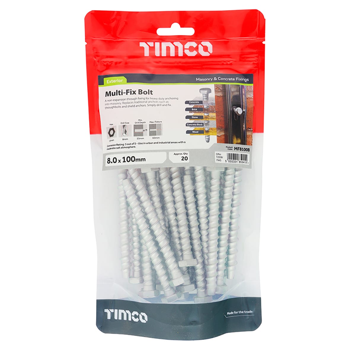 Masonry Bolt - Hex Head - 8 x 100mm - Pack of 20 - view 3