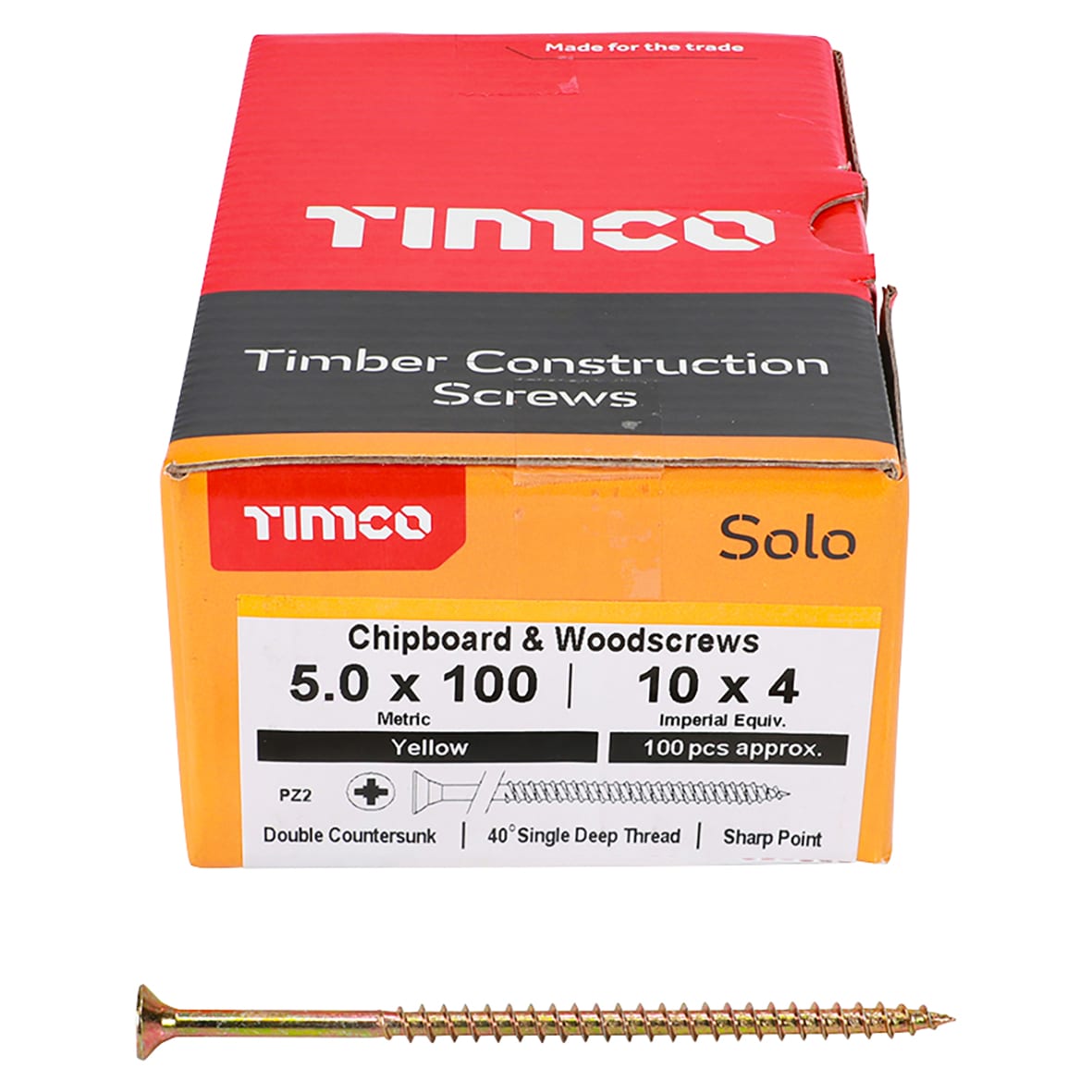 Solo Chippy Pozi Countersunk Wood Screws - 5.0 x 100mm - Yellow Zinc - Pack of 100 - view 2