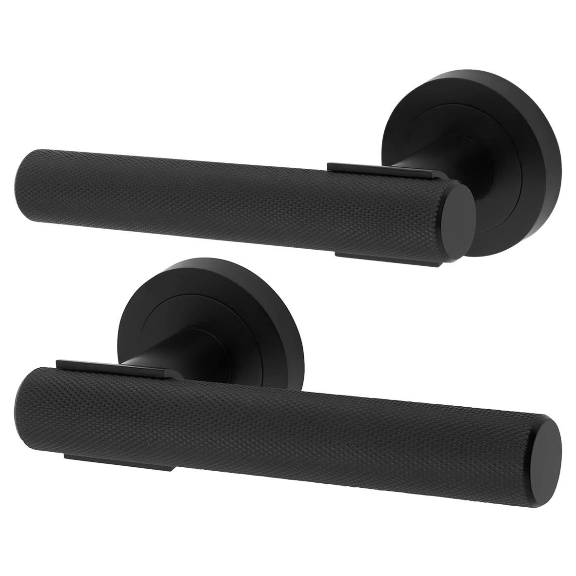Matt Black Knurled Bathroom Lock Door Handle on Rose Pack - Orla Range - view 2