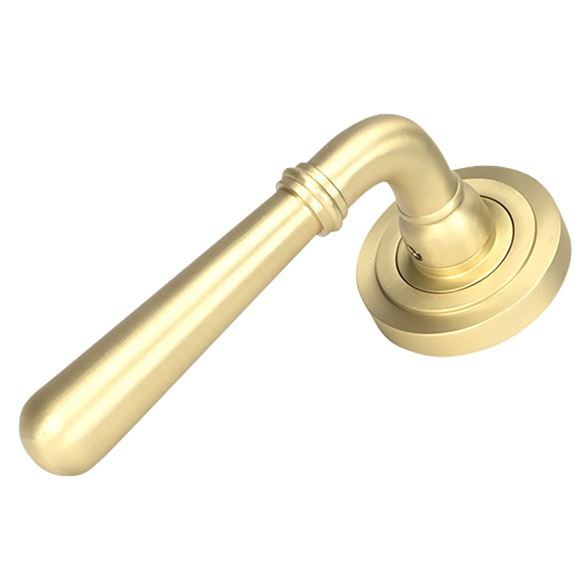 Satin Brass Door Handles on Round Art Deco Rose - Newbury Range - view 2