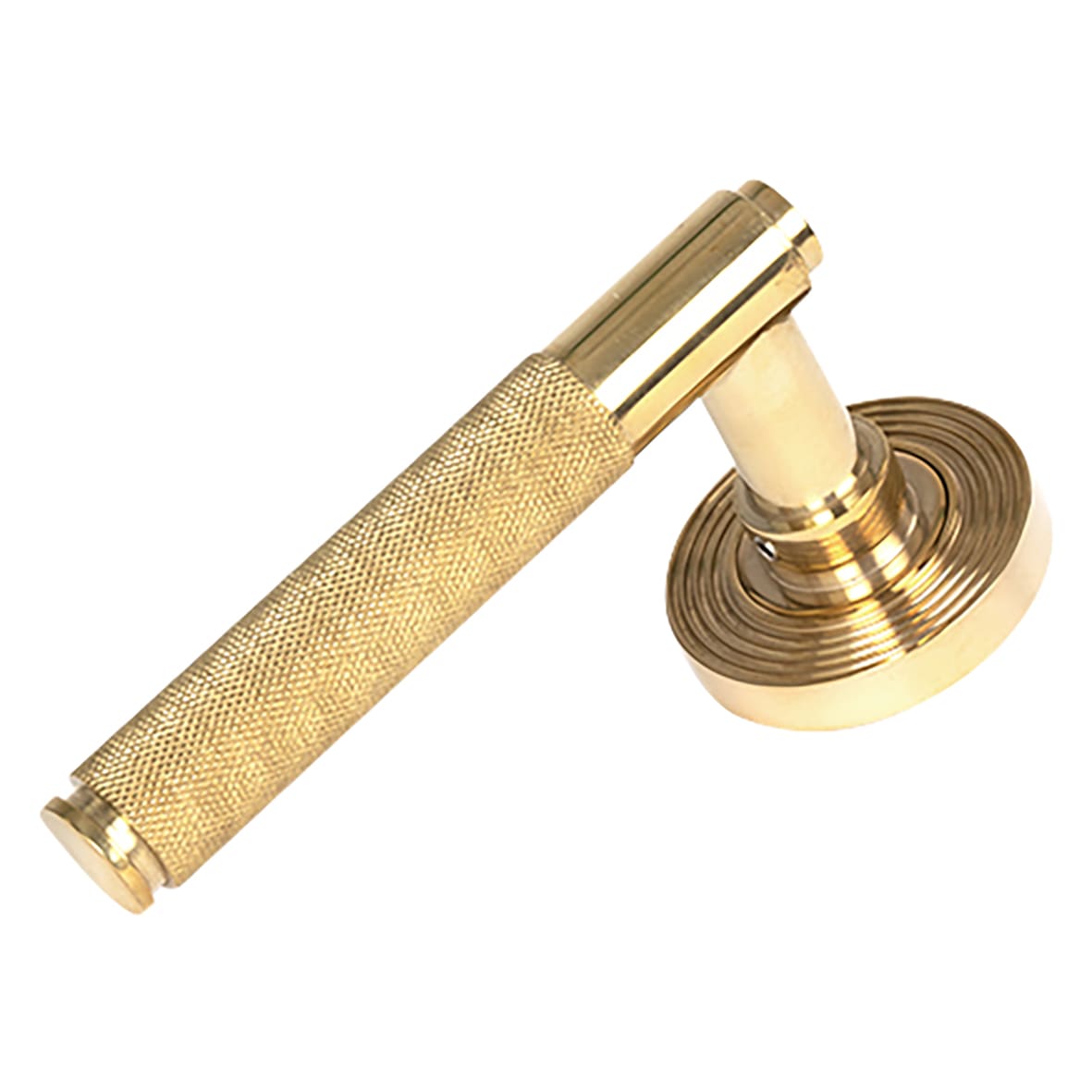 Polished Brass Knurled Door Handles on Round Beehive Rose - Brompton Range - view 2