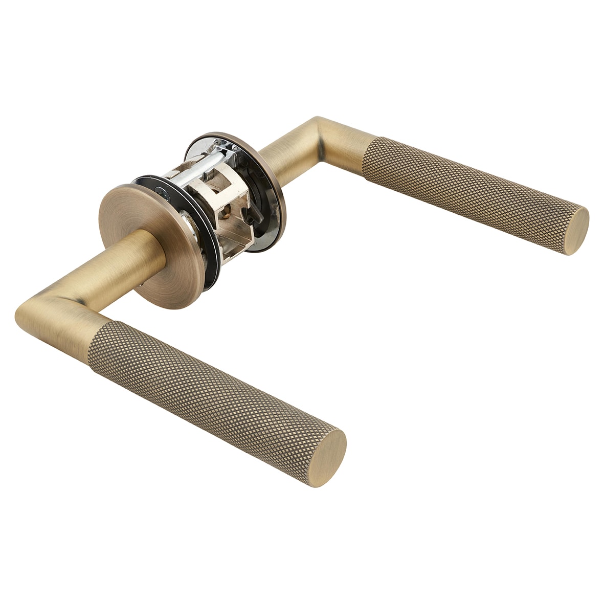 Matt Antique Brass Knurled Door Handles on Round Slim Rose - Schema Modell Range - view 4