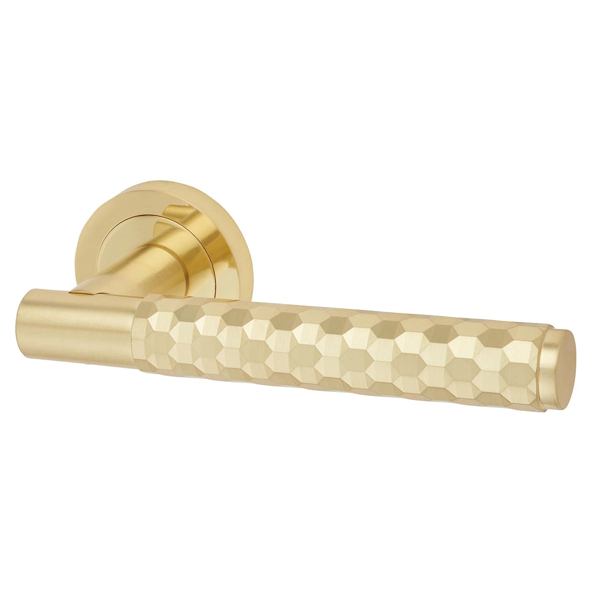 Satin Brass Honeycomb Door Handles on Round Rose - Cara Range - view 2