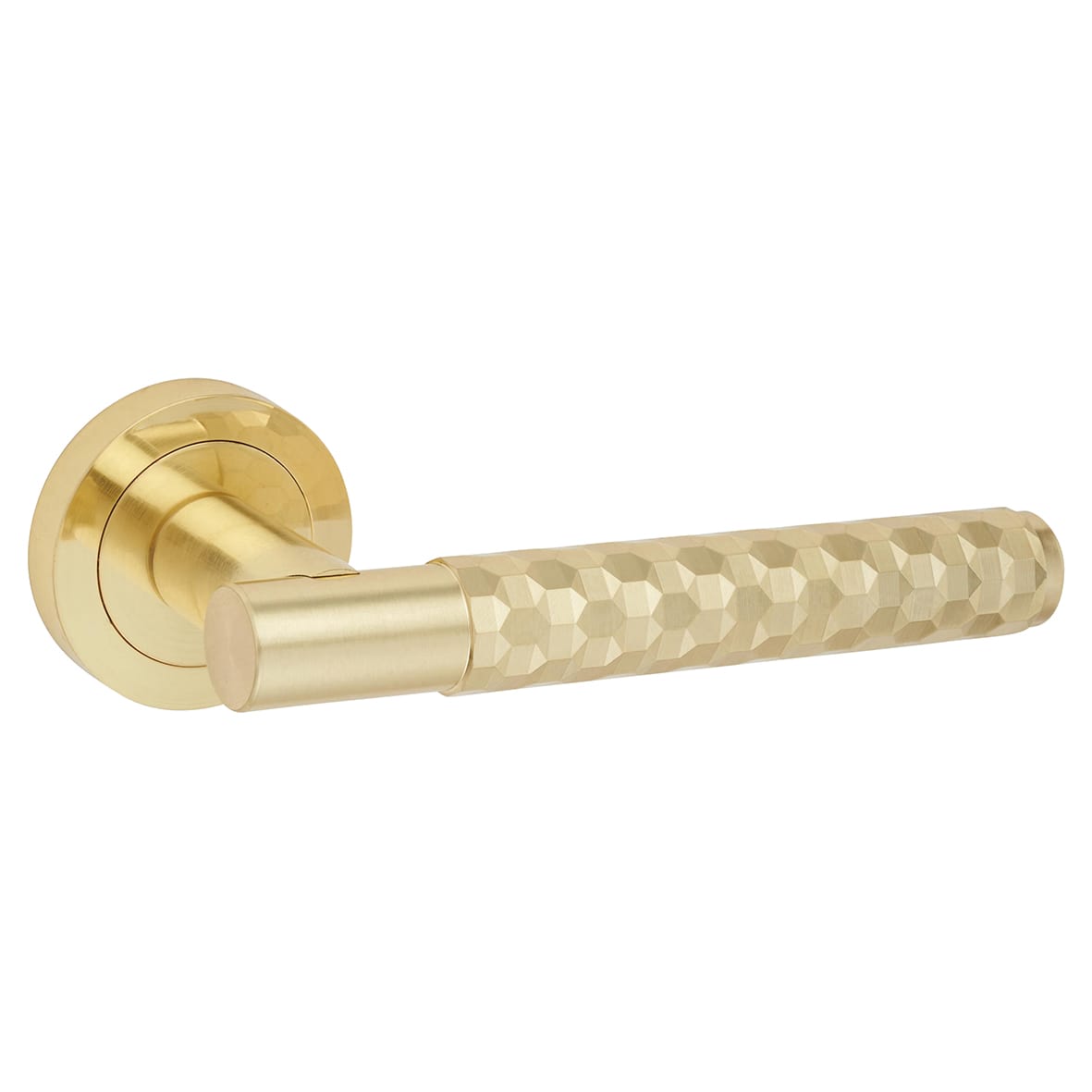 Satin Brass Honeycomb Door Handles on Round Rose - Cara Range - view 3