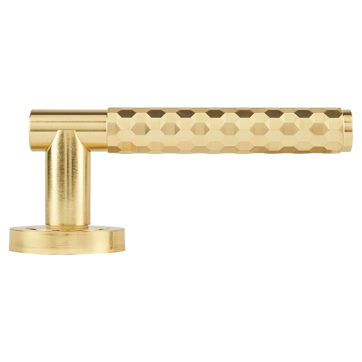 Satin Brass Honeycomb Door Handles on Round Rose - Cara Range - view 5