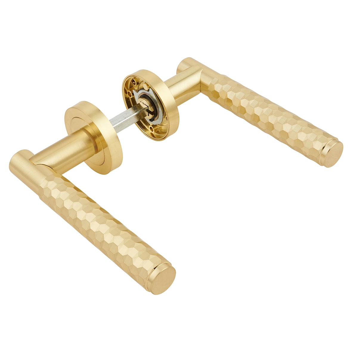 Satin Brass Honeycomb Door Handles on Round Rose - Cara Range - view 6