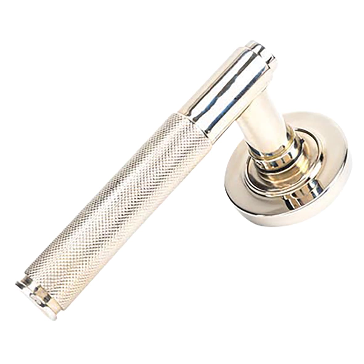 Polished Nickel Knurled Door Handles on Round Rose - Brompton Range - view 2