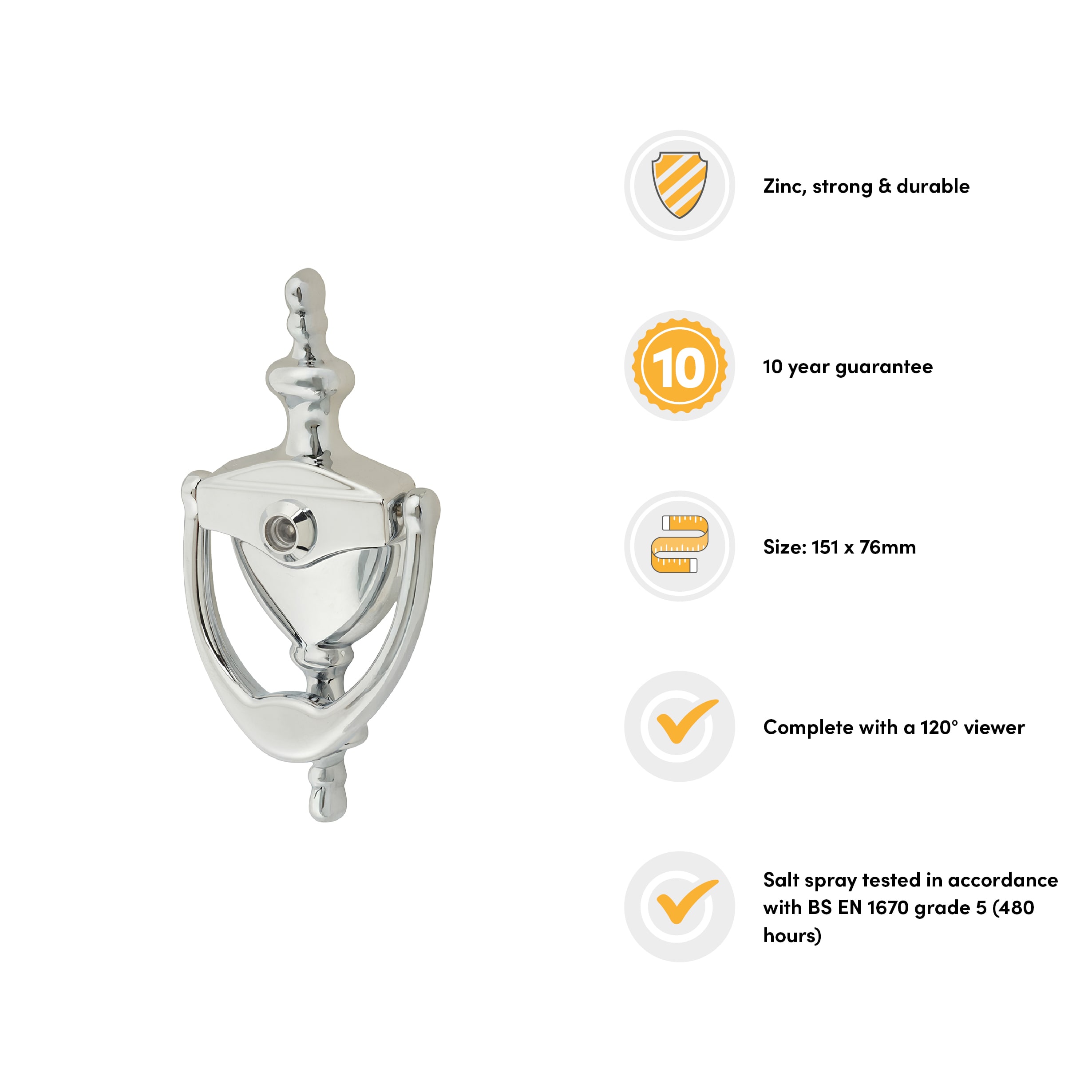AR727K Traditional Urn Door Knocker With Viewer - Polished Chrome - 151 x 76mm - view 3