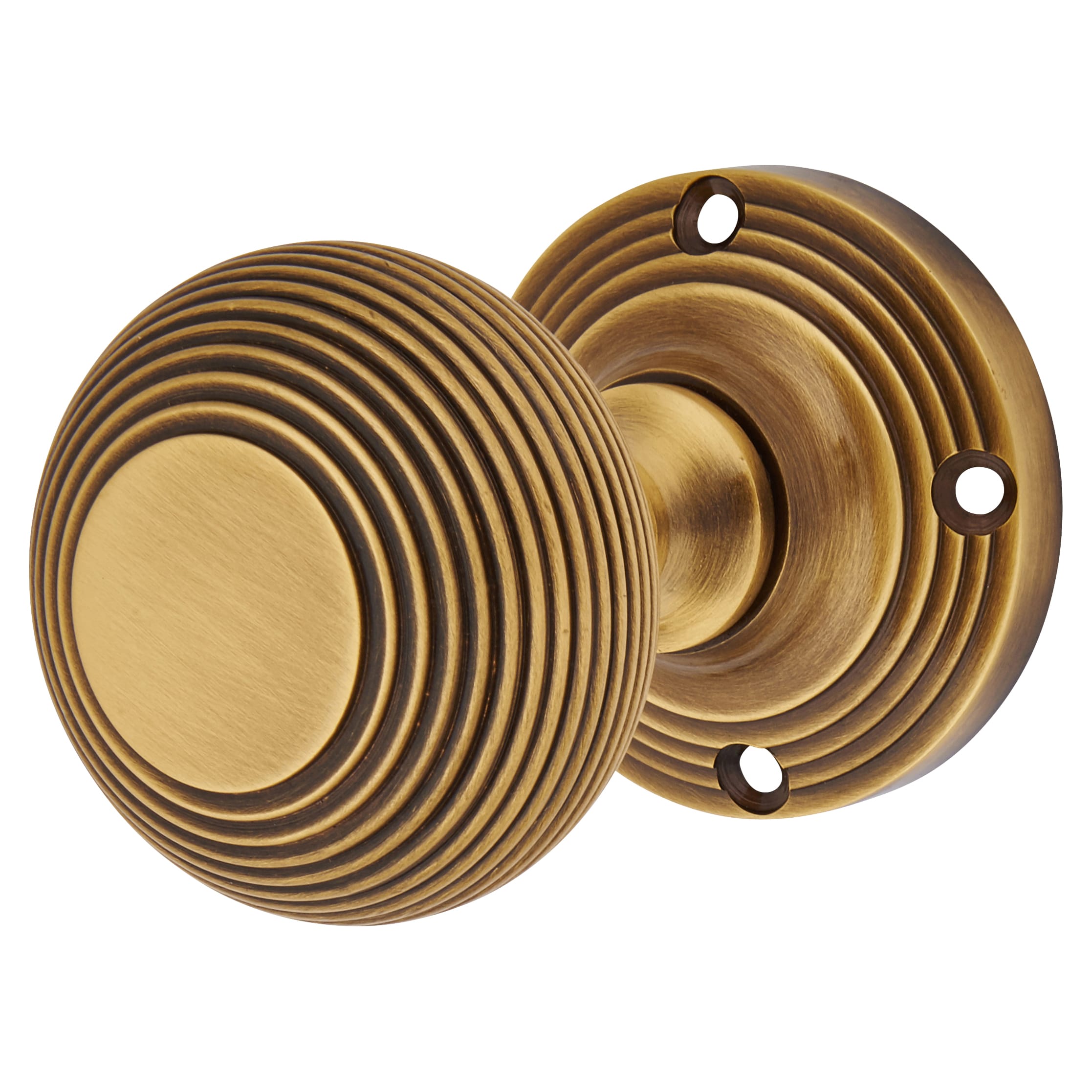 Marcus Antique Brass Reeded Mortice Door Knob - 59mm Rose Diameter - view 2
