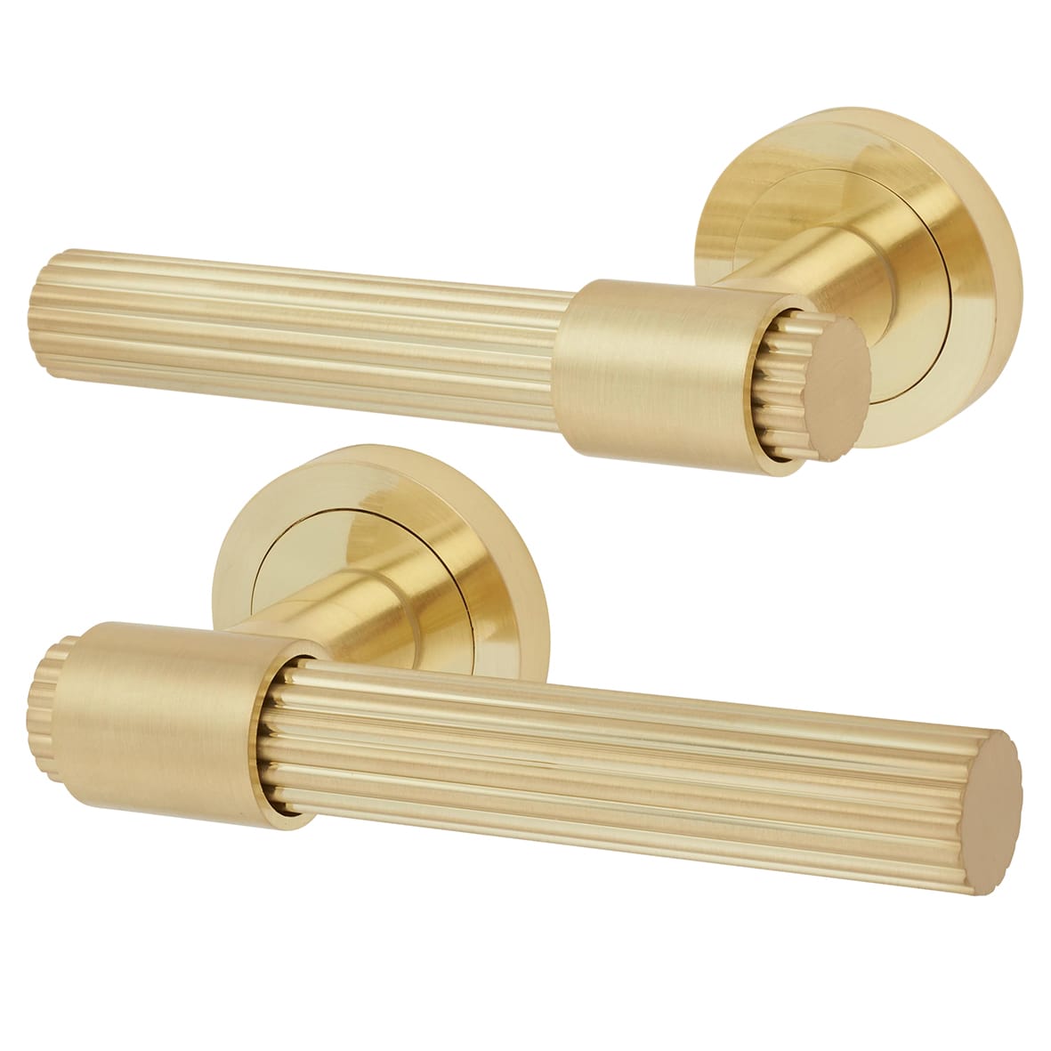 Satin Brass Lines Bathroom Lock Door Handles on Rose Pack - Eva Range - view 2