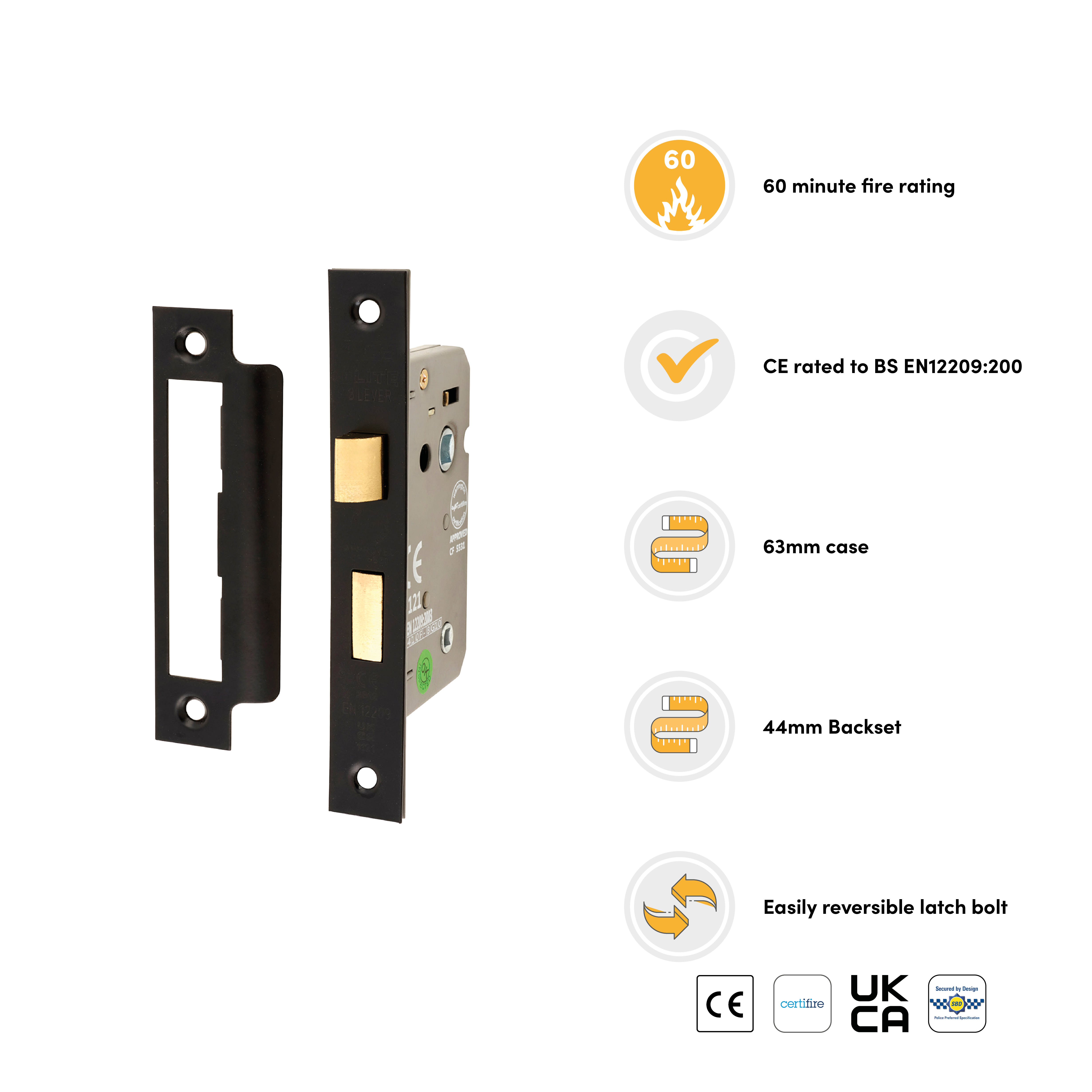 Bolt Through Bathroom Lock - 63mm Case - 44mm Backset - Matt Black - view 2