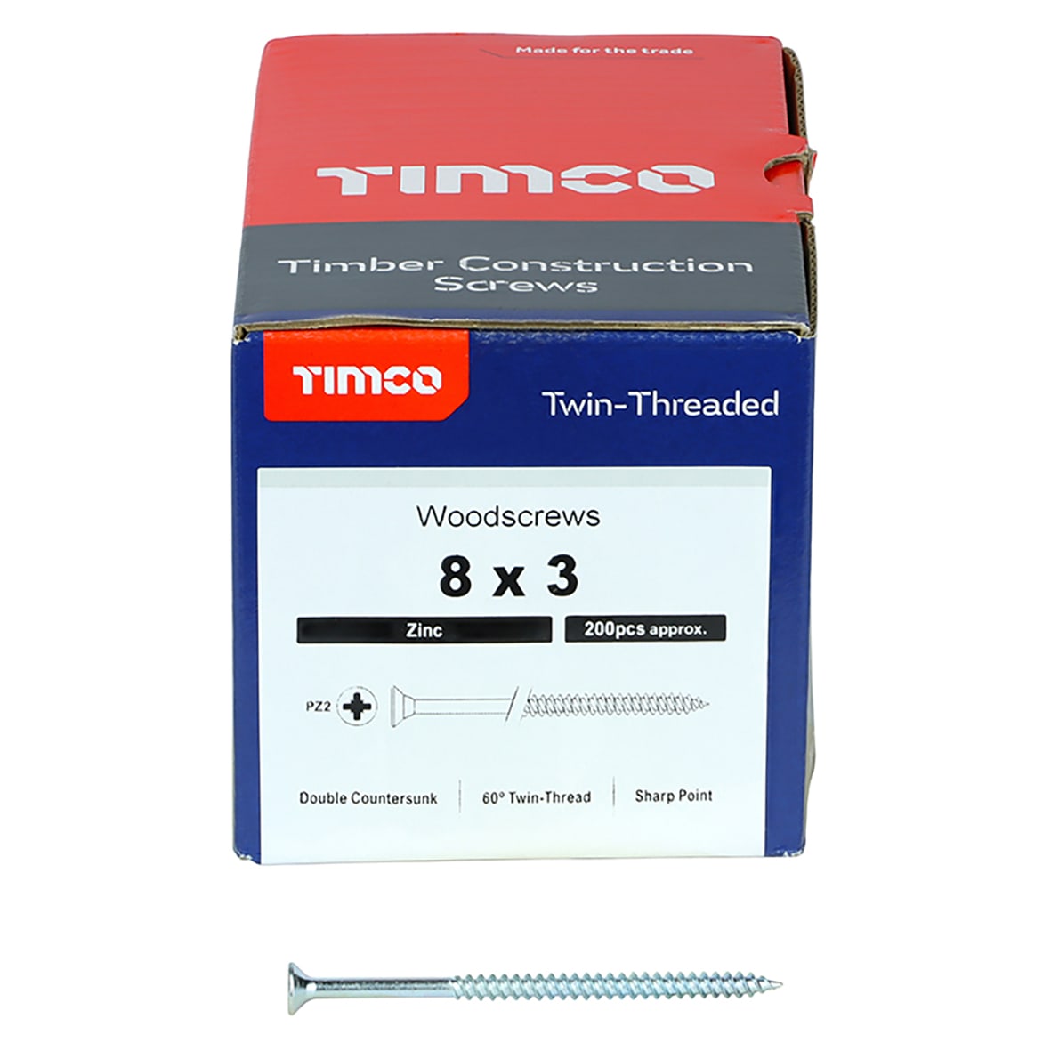 Twin Threaded Pozi Countersunk Wood Screws - 8 x 3" - Zinc Plated - Pack of 200 - view 2