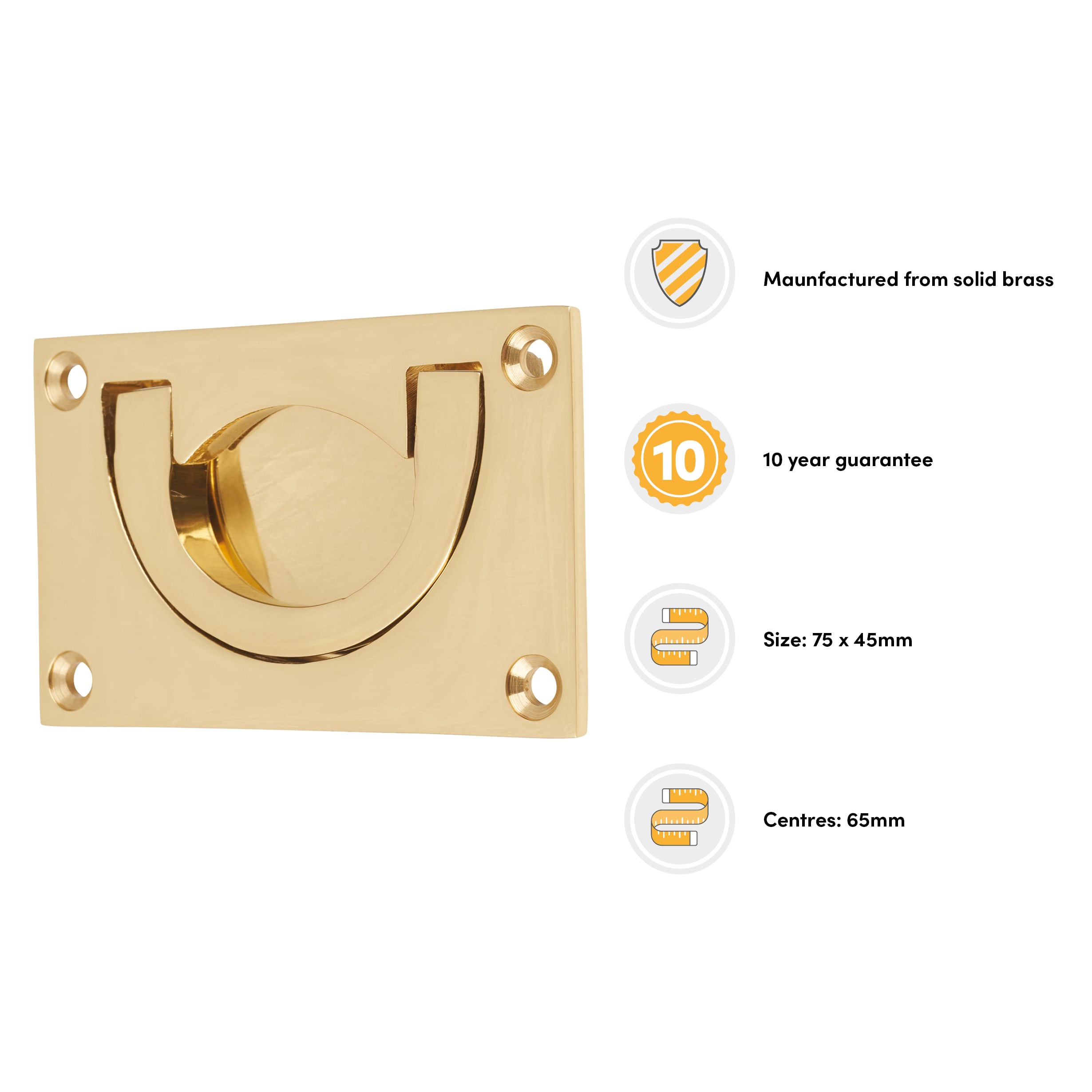 Flush Chest Drawer Cabinet Pull Handle - 75 x 45mm - Polished Brass - view 3