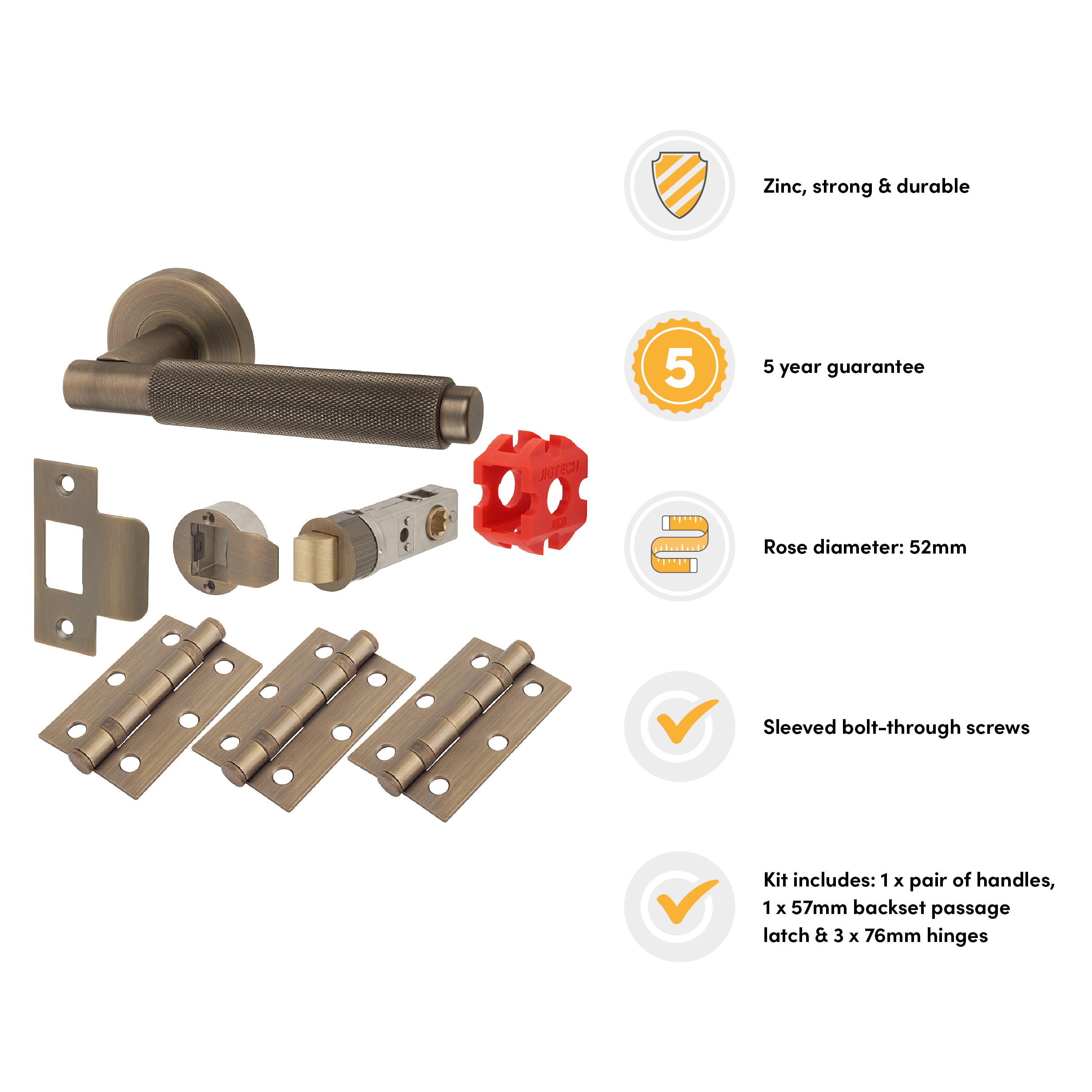 Matt Antique Brass Latch Door Handles on Rose Pack - Passage - Textura Range - view 2