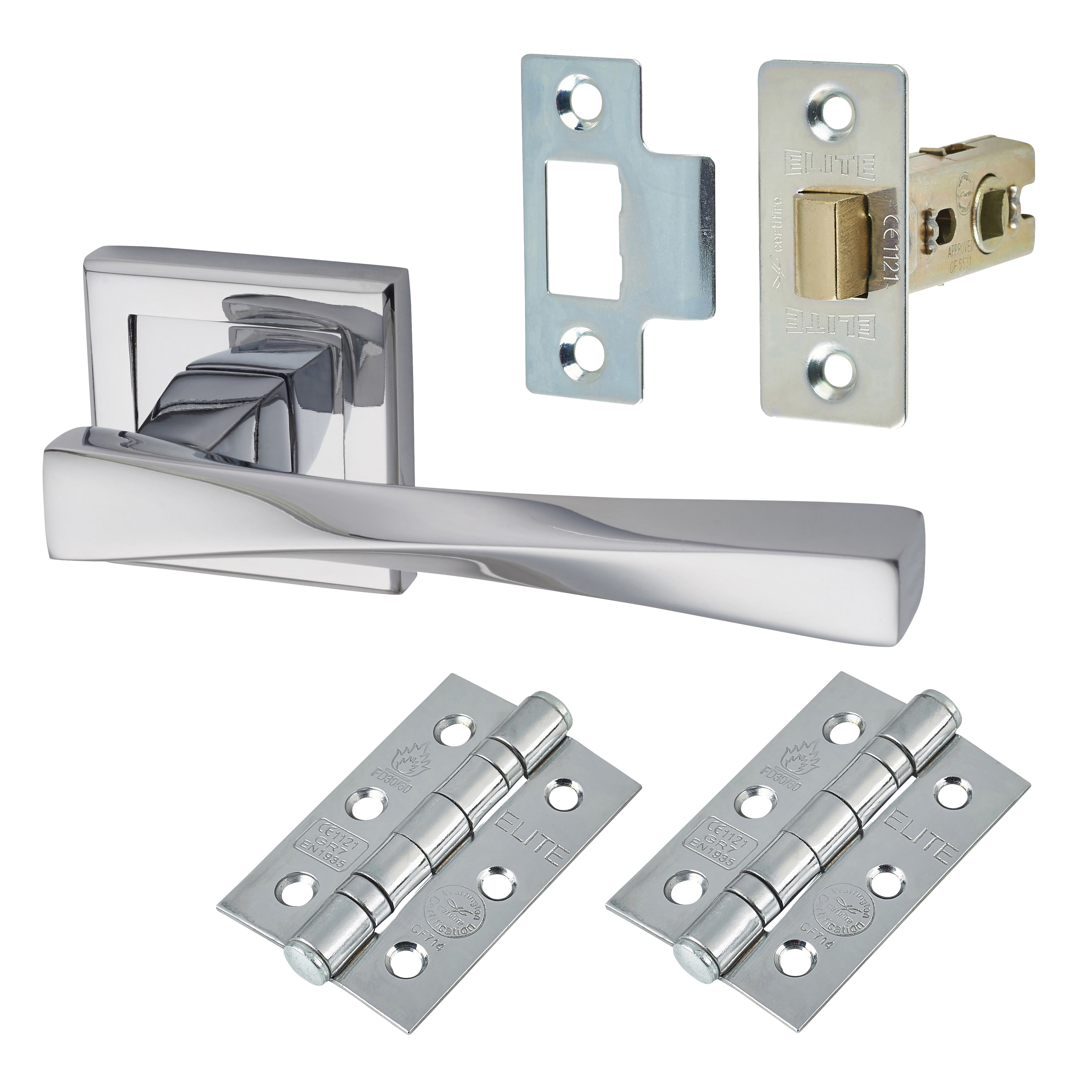 Polished Chrome Latch Door Handles on Square Rose Pack - Spirit Range - view 2