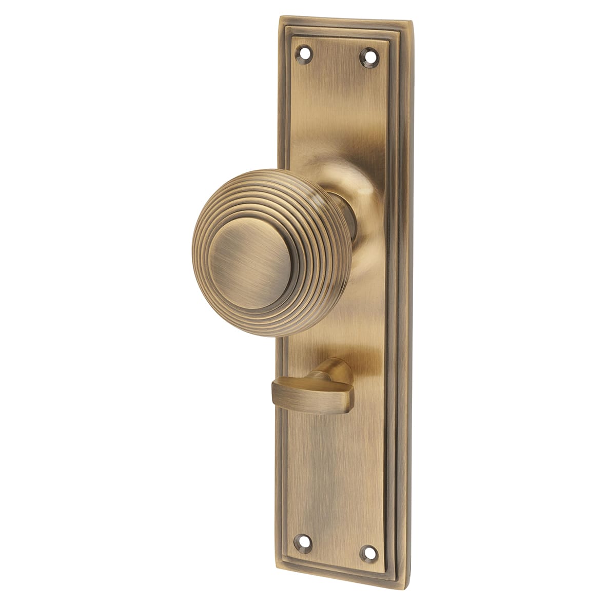 Antique Brass Reeded Bathroom Mortice Door Knob on Backplate - 205 x 52mm - Miller Range - view 2