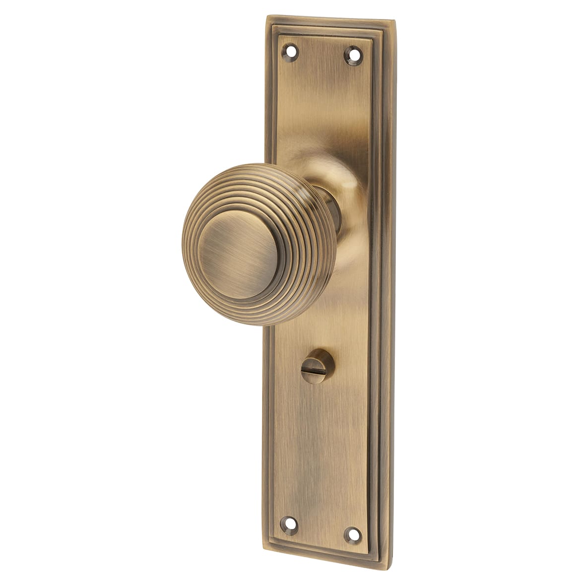 Antique Brass Reeded Bathroom Mortice Door Knob on Backplate - 205 x 52mm - Miller Range - view 3