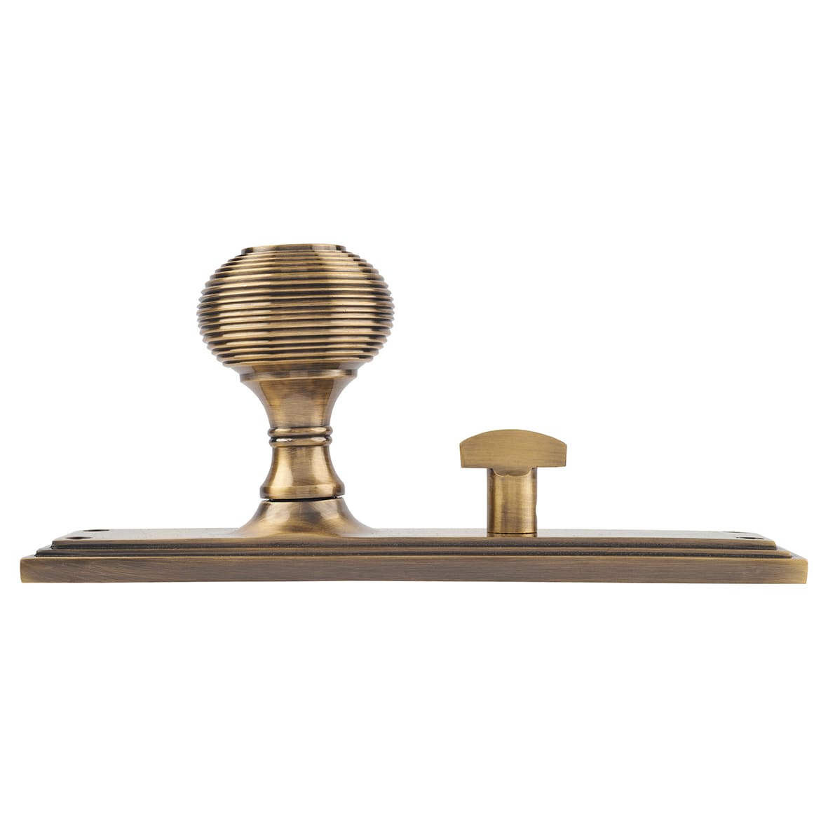 Antique Brass Reeded Bathroom Mortice Door Knob on Backplate - 205 x 52mm - Miller Range - view 4