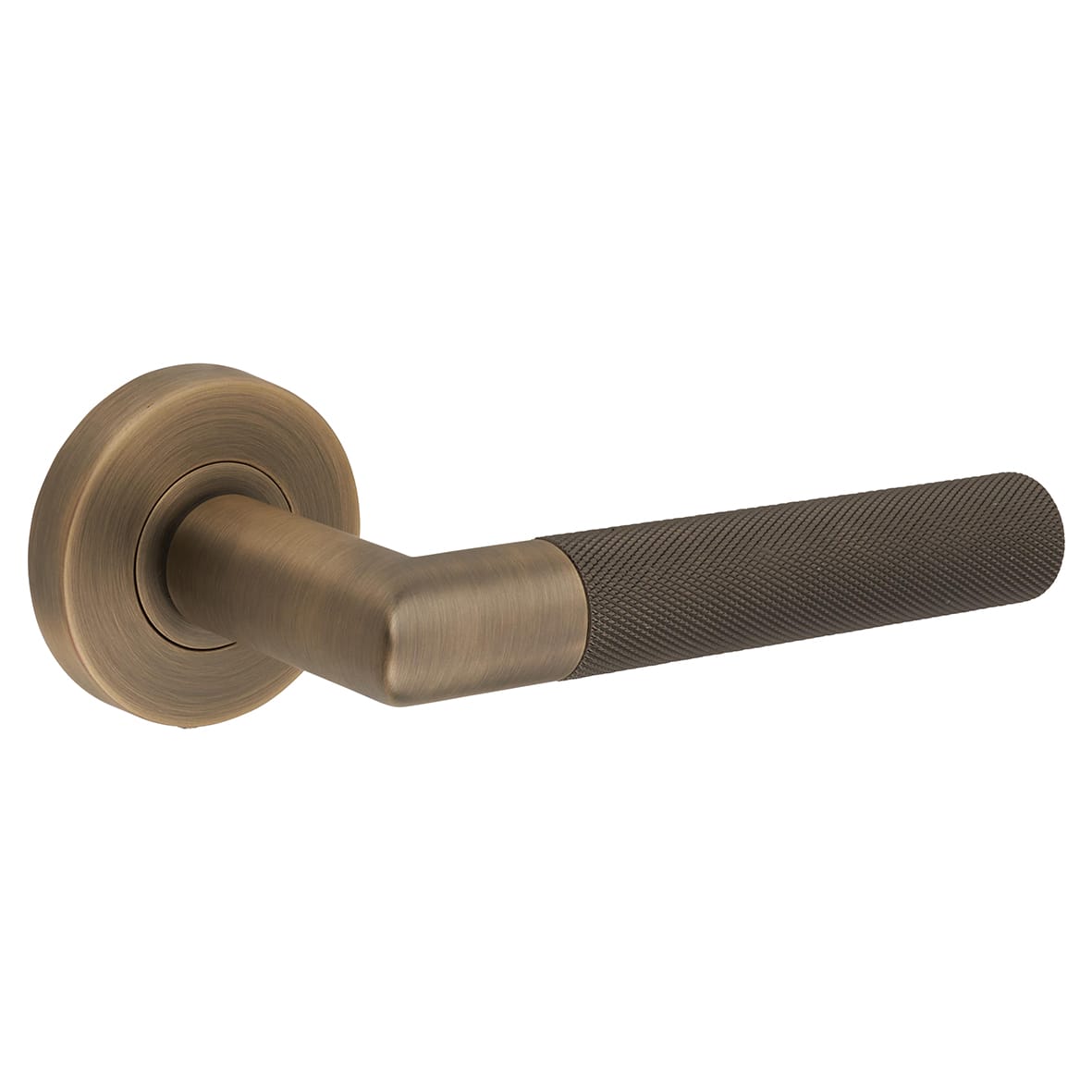 Matt Antique Brass Knurled Door Handles on Round Rose - Tactil Range - view 2