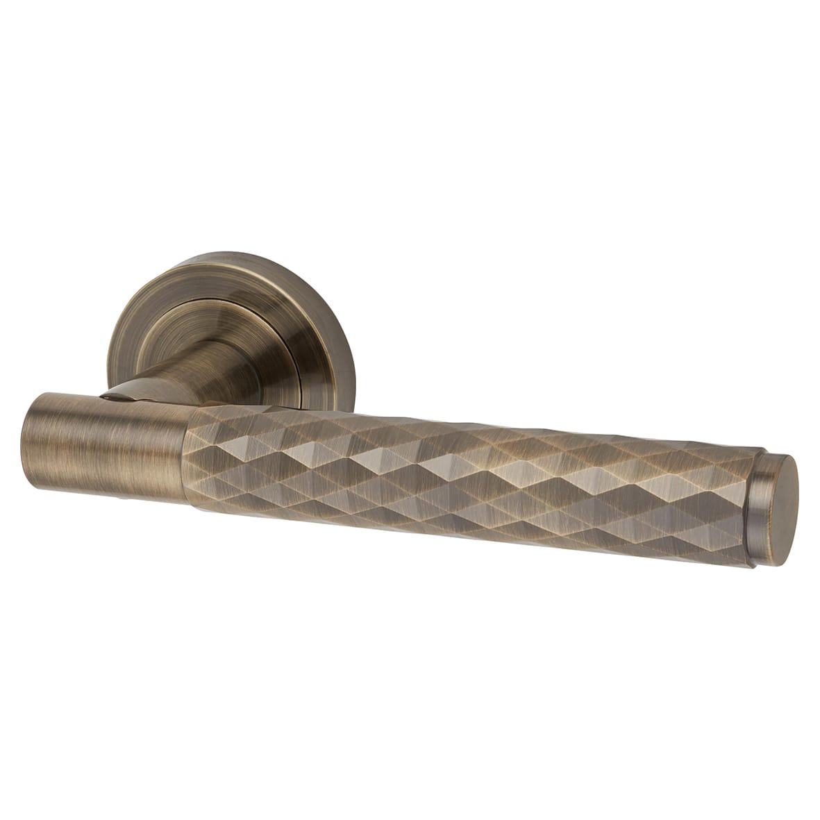 Antique Brass Diamond Door Handles on Round Rose - Luna Range - view 2