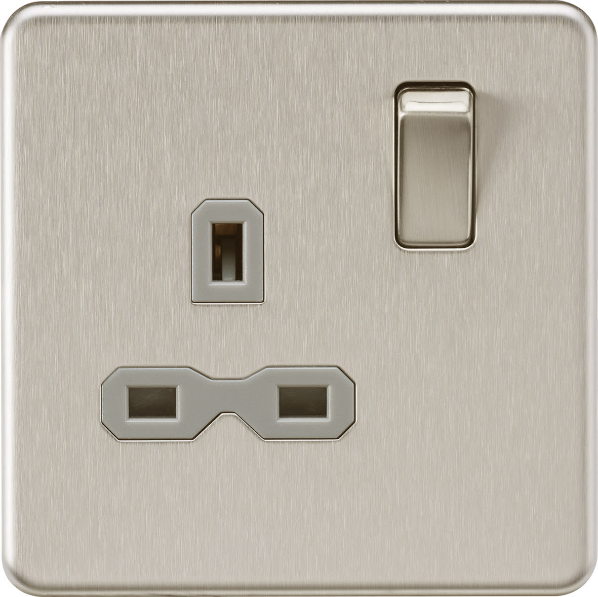 13A 1 Gang Screwless Flat Plate DP Switched Socket - Brushed Chrome with Grey Insert - view 4