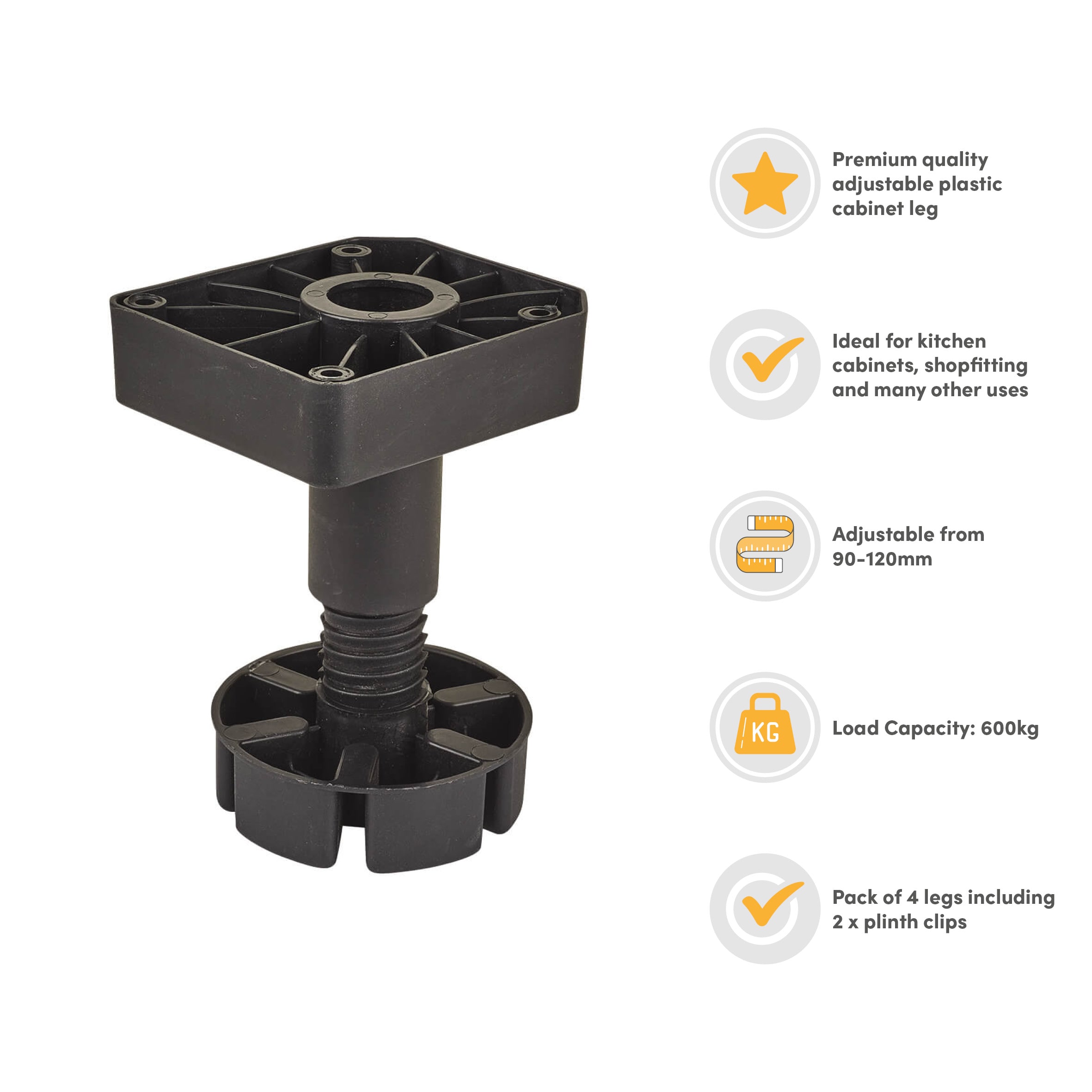 Square Adjustable Cabinet Furniture Plinth Legs - 90-120mm - Plastic - Pack of 4 - view 3